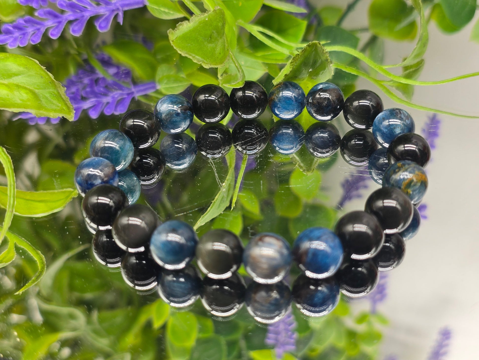 Blue Kyanite & Rainbow/Silver Sheen Obsidian 10mm Beads Bracelet- Spiritual Alignment, Protection, Intuition & Inner Strength. Crystal Wellness