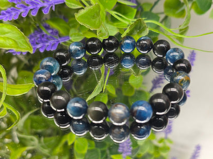 Blue Kyanite & Rainbow/Silver Sheen Obsidian 10mm Beads Bracelet- Spiritual Alignment, Protection, Intuition & Inner Strength. Crystal Wellness