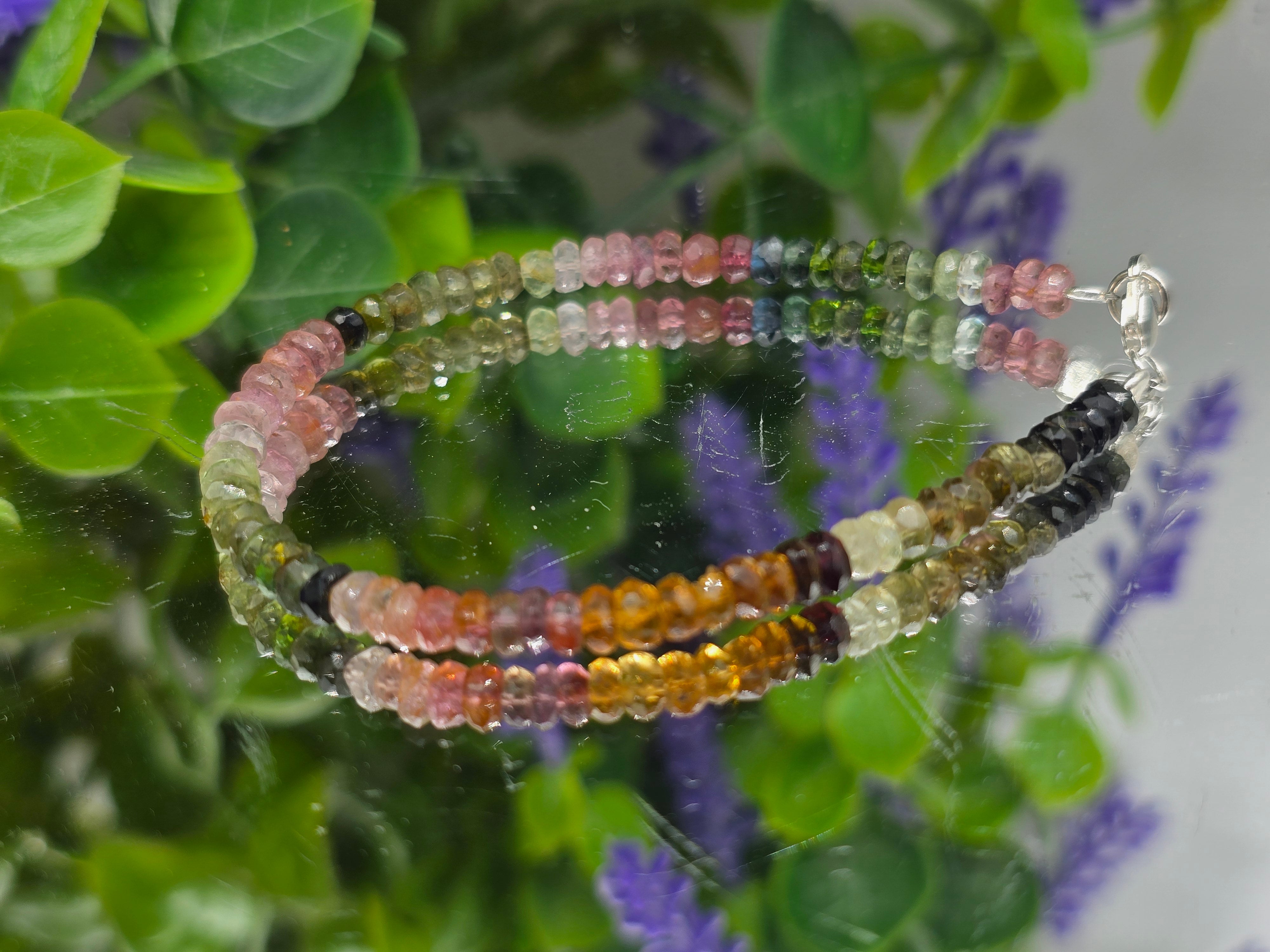 🌈 Watermelon & Multicolour Tourmaline 3mm 925 Sterling Silver Bracelet – Emotional Balance, Protection & Joy Crystal Wellness