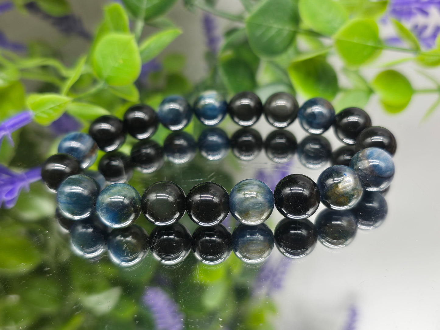 Blue Kyanite & Rainbow/Silver Sheen Obsidian 10mm Beads Bracelet- Spiritual Alignment, Protection, Intuition & Inner Strength. Crystal Wellness