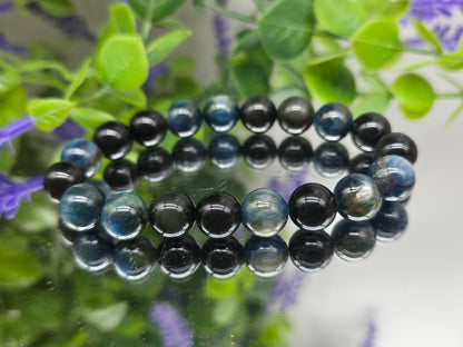 Blue Kyanite & Rainbow/Silver Sheen Obsidian 10mm Beads Bracelet- Spiritual Alignment, Protection, Intuition & Inner Strength. Crystal Wellness