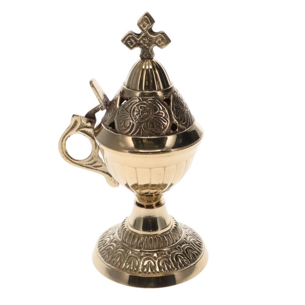 Brass Engraved Incense Burner with Cross and Handle Crystal Wellness