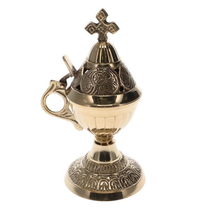 Brass Engraved Incense Burner with Cross and Handle Crystal Wellness