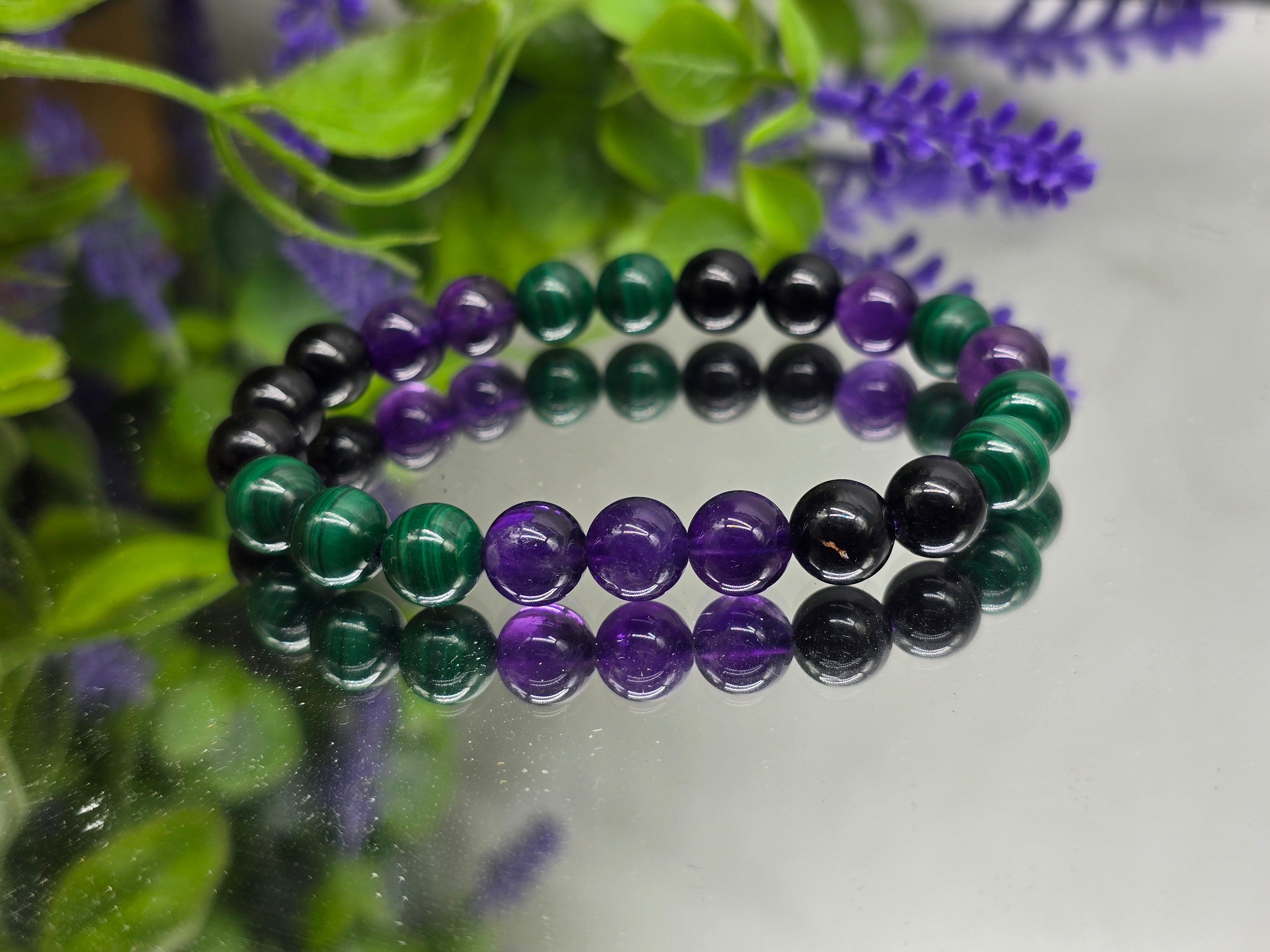 Amethyst, Malachite & Black Tourmaline Bracelet – AAA Grade 8mm (Stone of Protection, Transformation & Spiritual Clarity) Crystal Wellness