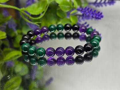 Amethyst, Malachite & Black Tourmaline Bracelet – AAA Grade 8mm (Stone of Protection, Transformation & Spiritual Clarity) Crystal Wellness