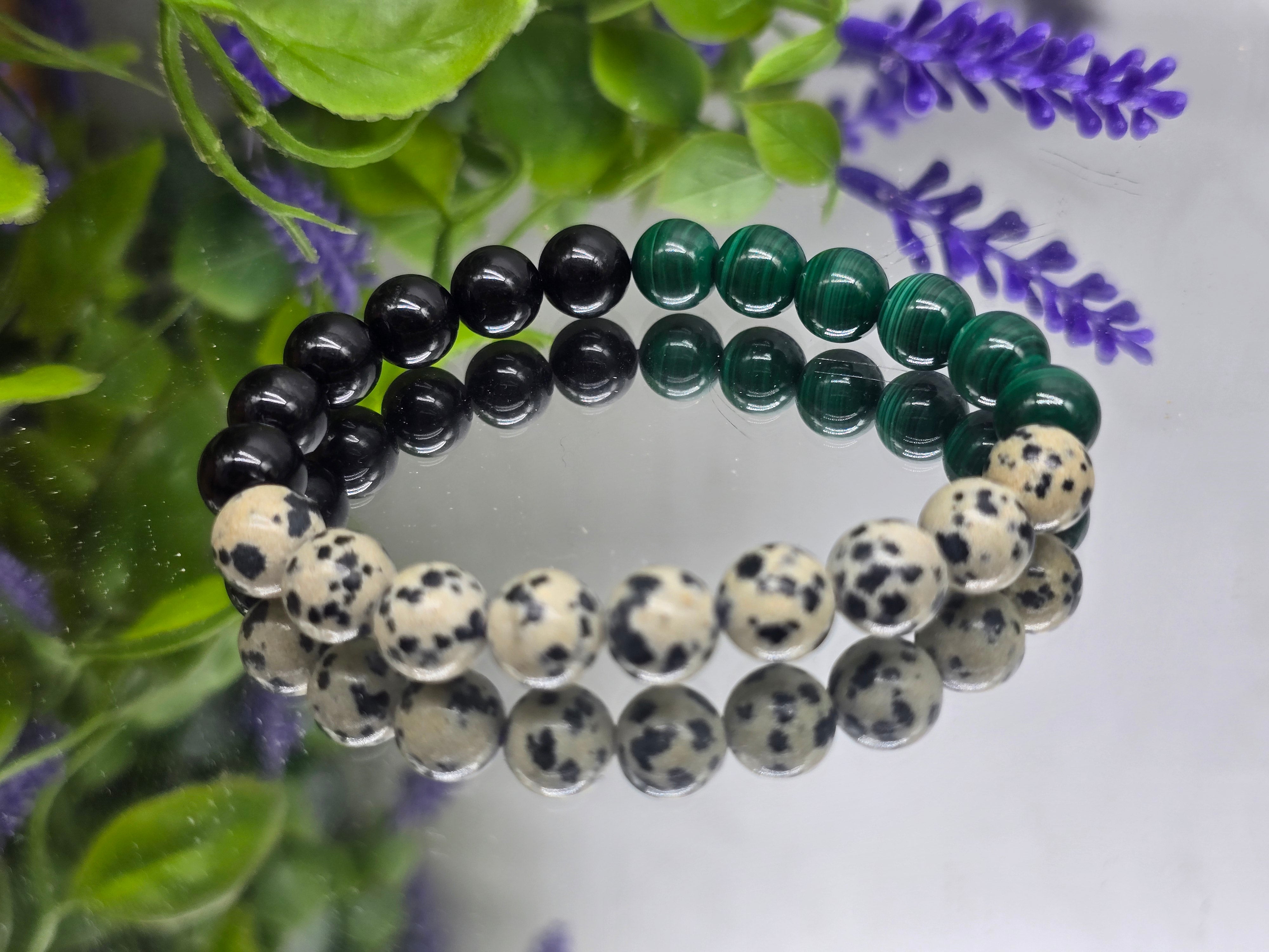 Black Tourmaline, Dalmation Jasper & Malachite Bracelet 8mm (Stone of Protection, Grounded Joy & Transformation) Crystal Wellness