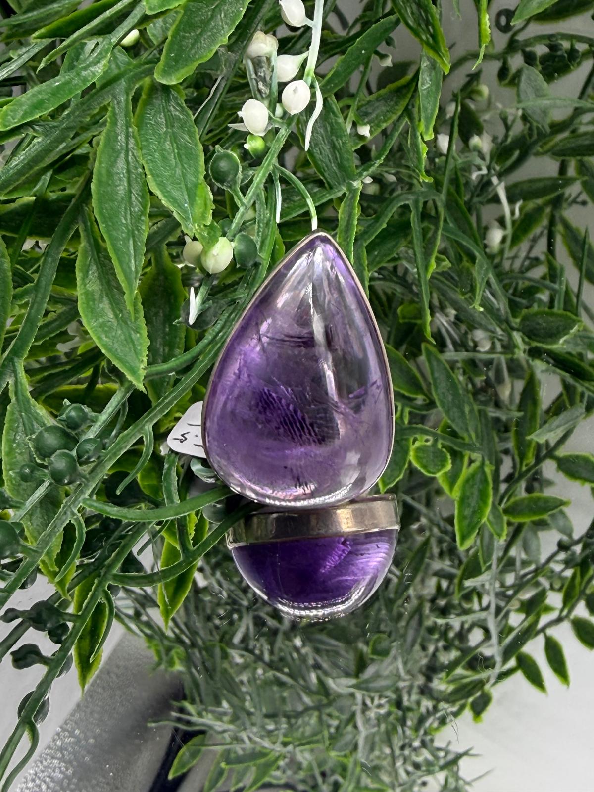 Premium Amethyst Teardrop 925 Sterling Silver Ring Size 5.5 — Protection, Intuition & Inner Peace Crystal Wellness