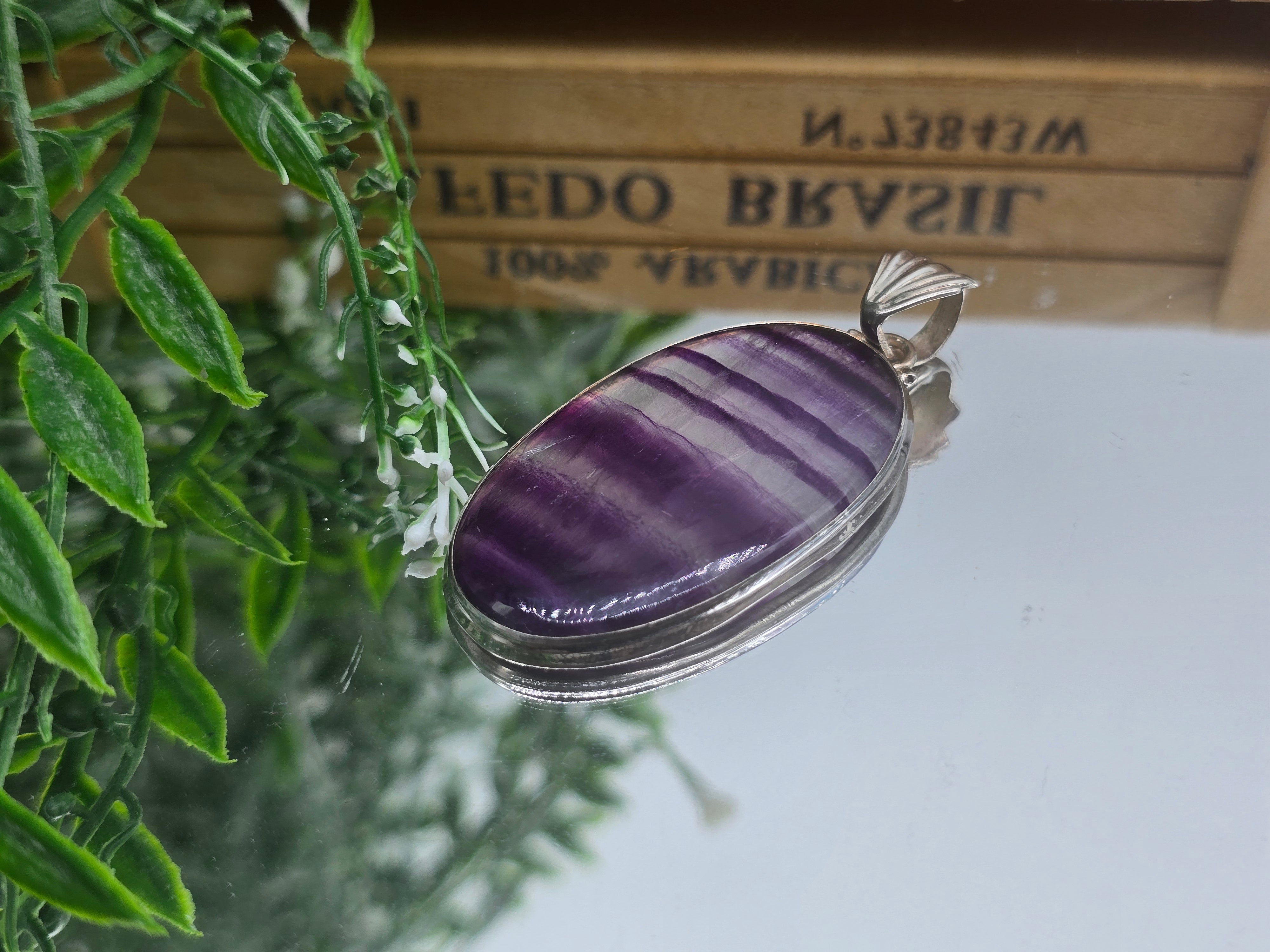 Fluorite 925 Sterling Silver Pendant – 48 × 30 mm | Stone of Focus, Clarity & Protection Crystal Wellness