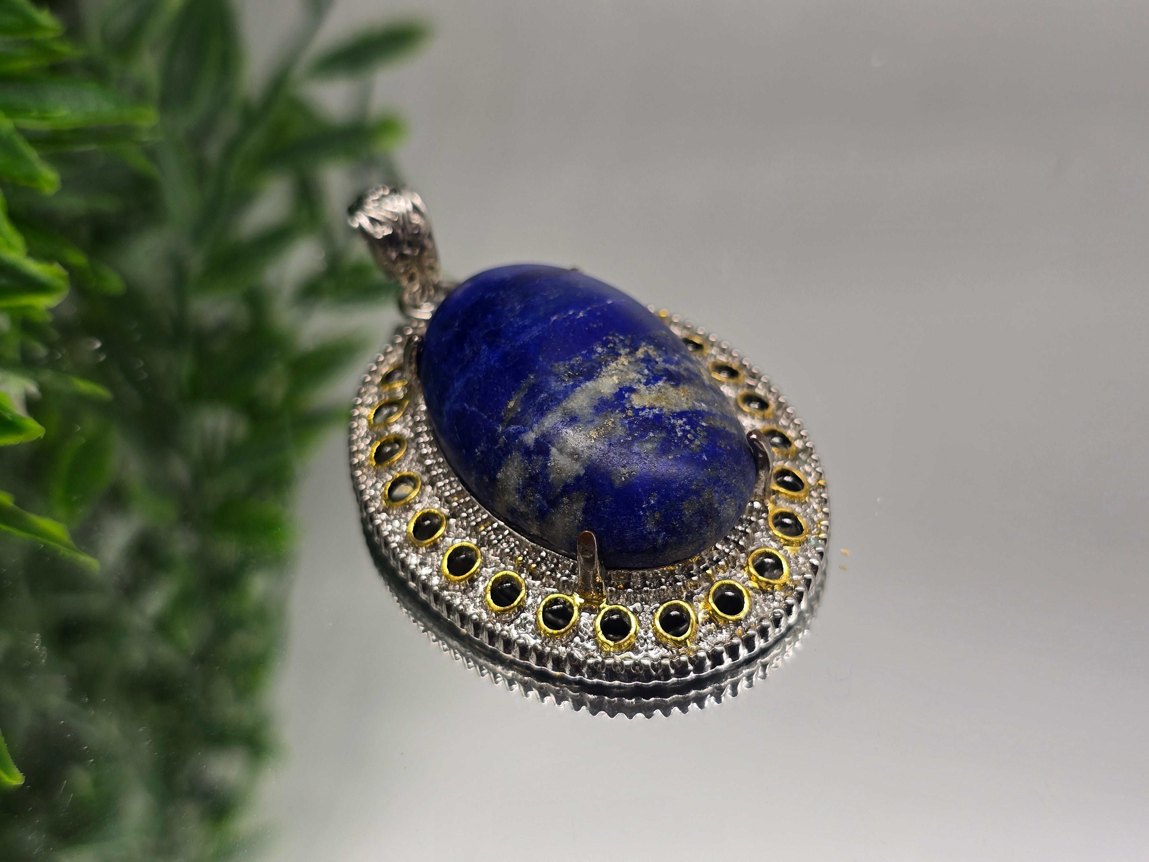 Lapis Lazuli Halo Pendant in Silver Plated 50x40mm (Stone of Wisdom & Truth) Crystal Wellness