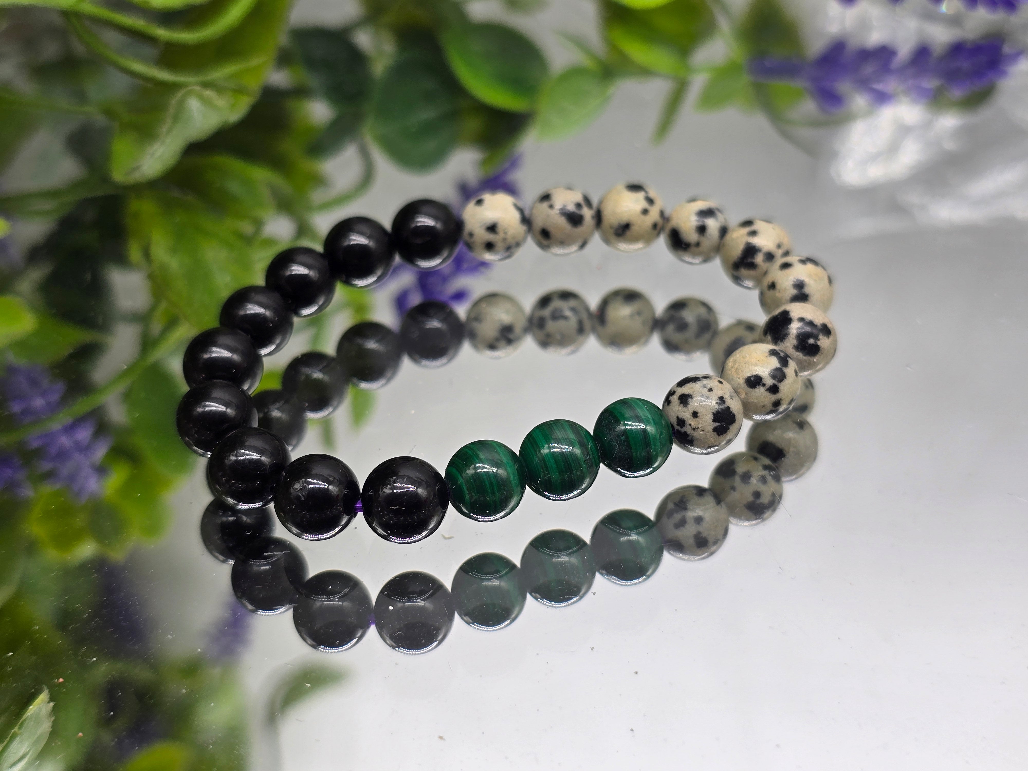 Black Tourmaline, Dalmation Jasper & Malachite Bracelet 8mm (Stone of Protection, Grounded Joy & Transformation) Crystal Wellness