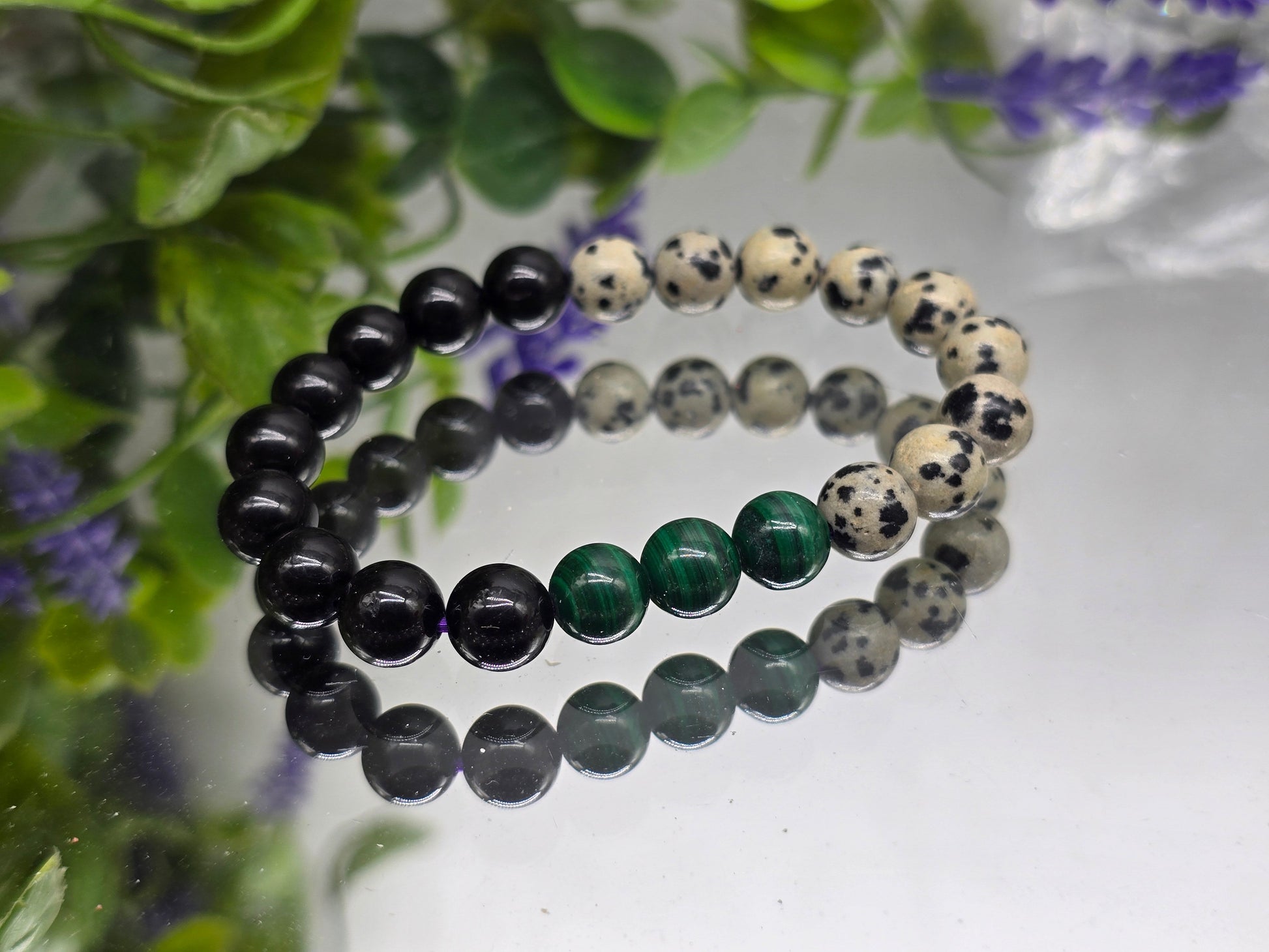 Black Tourmaline, Dalmation Jasper & Malachite Bracelet 8mm (Stone of Protection, Grounded Joy & Transformation) Crystal Wellness