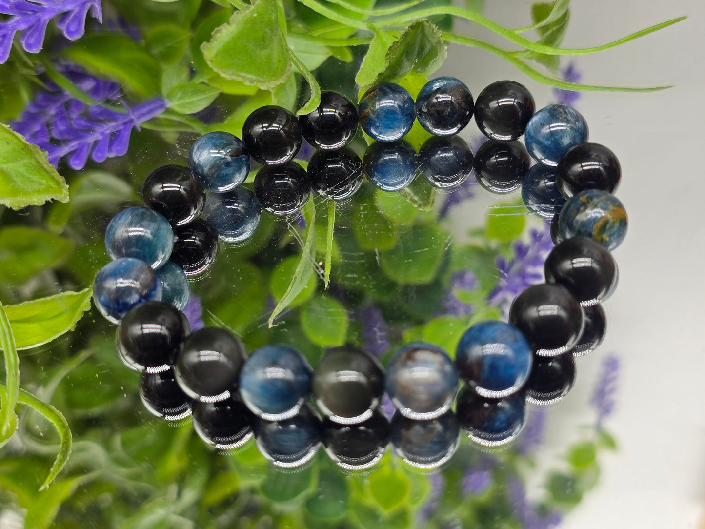 Blue Kyanite & Rainbow/Silver Sheen Obsidian 10mm Beads Bracelet- Spiritual Alignment, Protection, Intuition & Inner Strength. Crystal Wellness