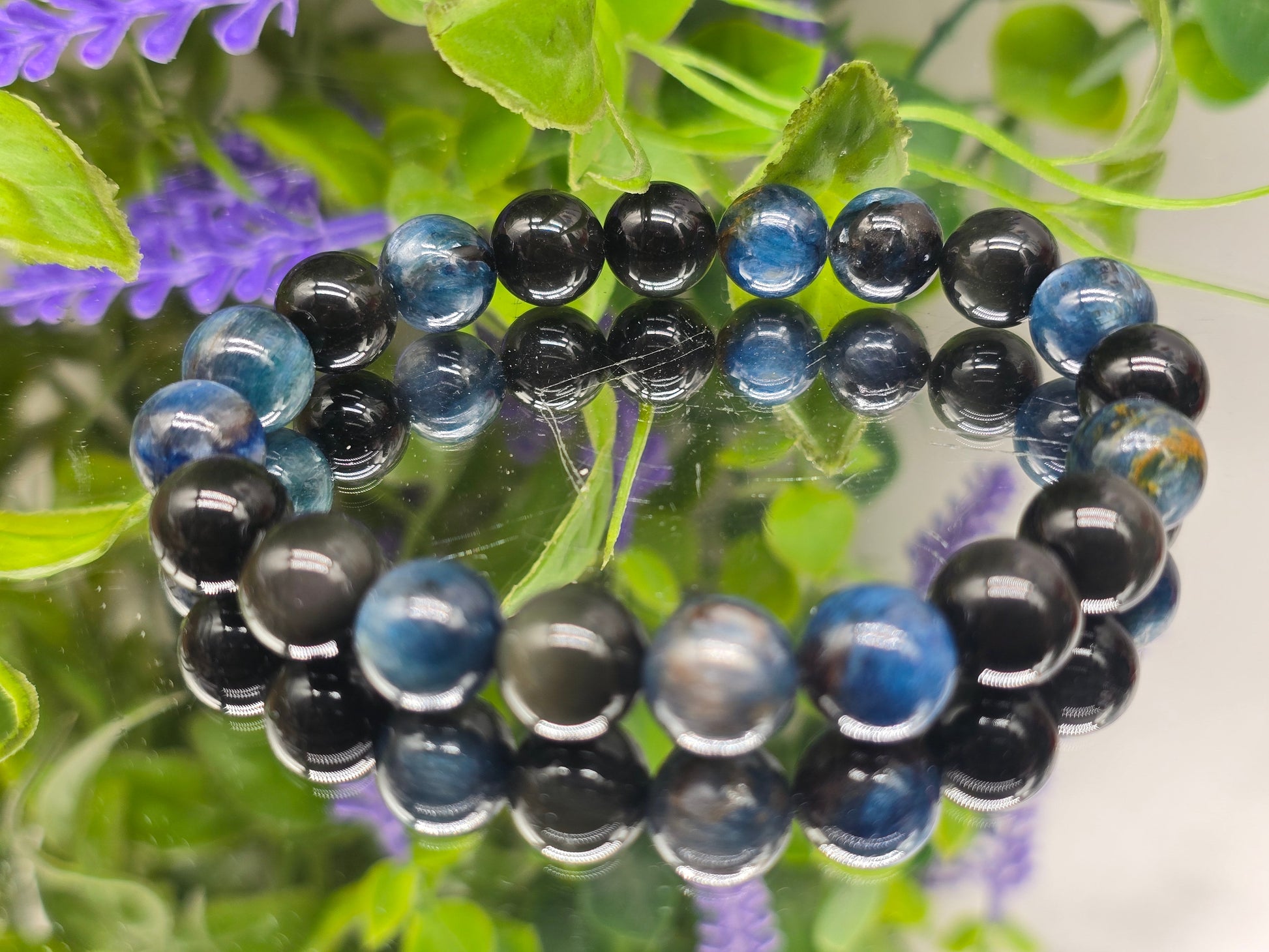 Blue Kyanite & Rainbow/Silver Sheen Obsidian 10mm Beads Bracelet- Spiritual Alignment, Protection, Intuition & Inner Strength. Crystal Wellness