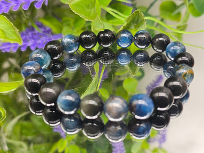 Blue Kyanite & Rainbow/Silver Sheen Obsidian 10mm Beads Bracelet- Spiritual Alignment, Protection, Intuition & Inner Strength. Crystal Wellness