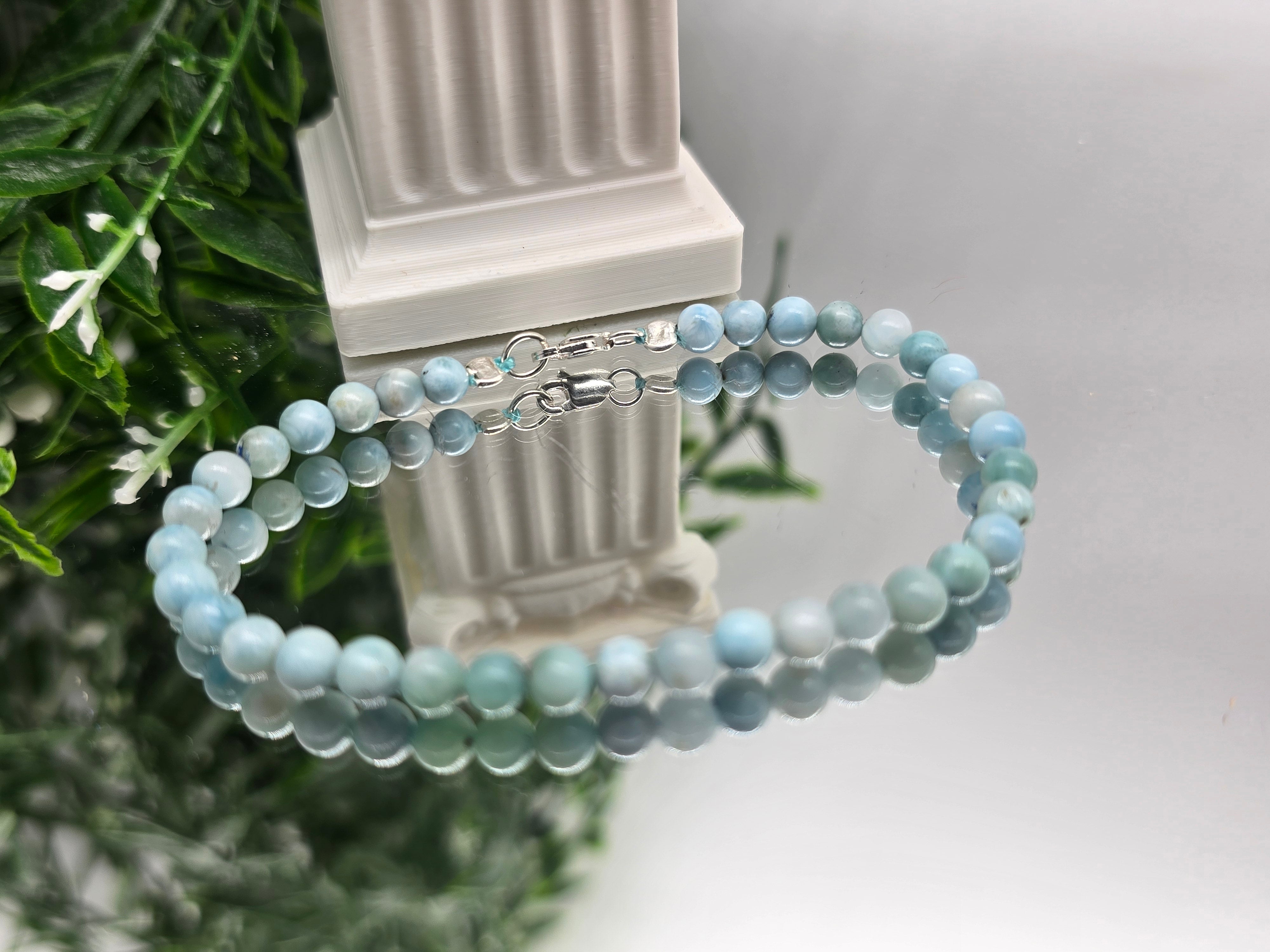 Larimar 4mm Beads 925 Sterling Silver Bracelet (Stone of Atlantis & Divine Serenity) Crystal Wellness