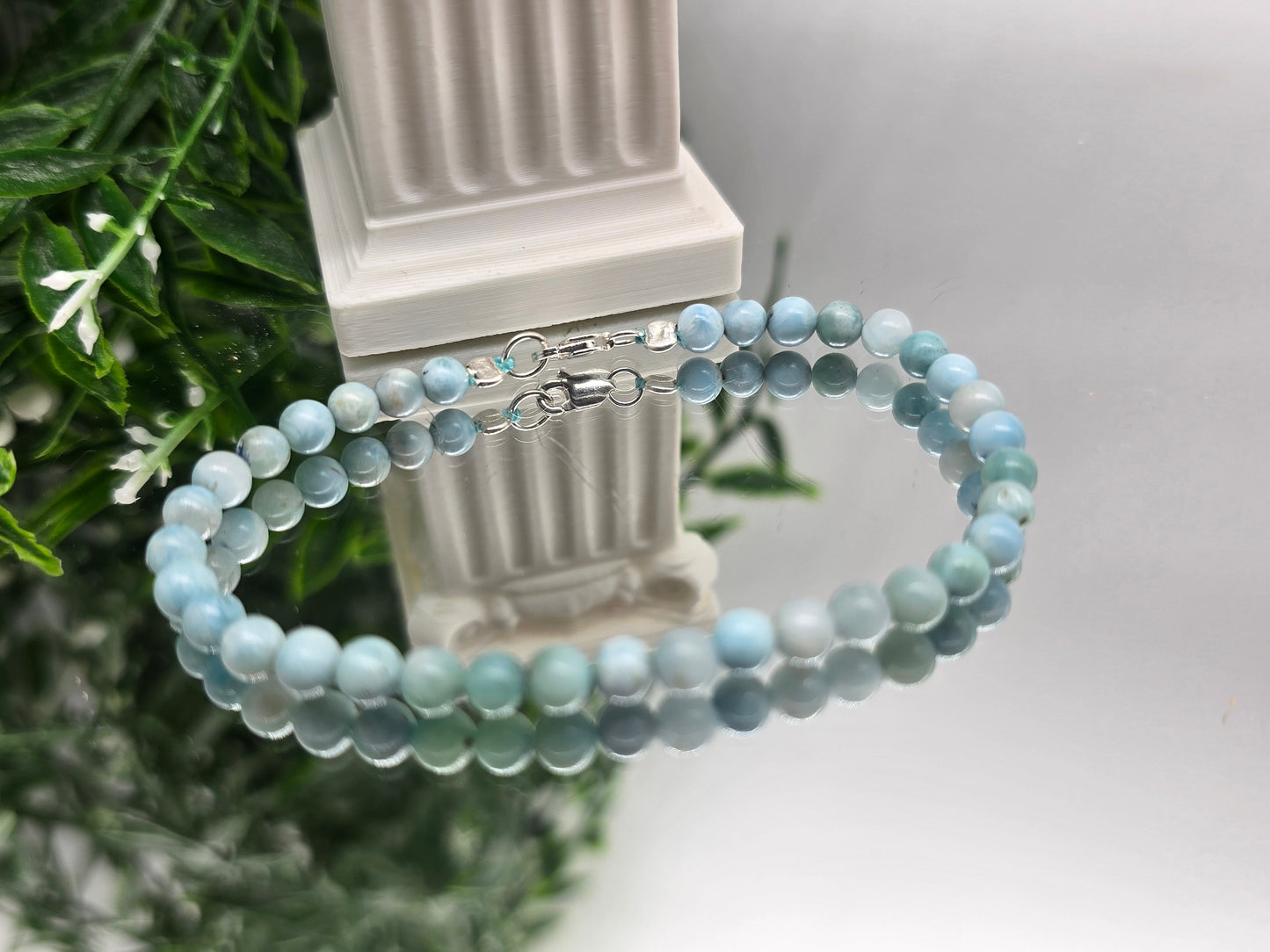 Larimar 4mm Beads 925 Sterling Silver Bracelet (Stone of Atlantis & Divine Serenity) Crystal Wellness