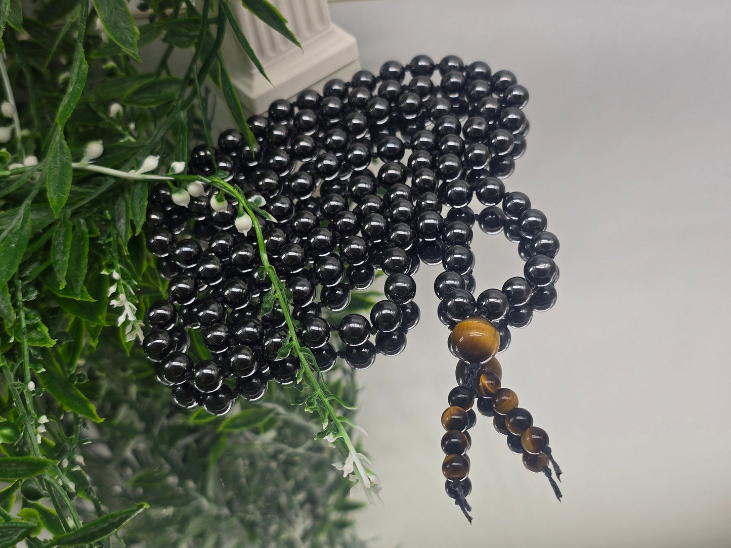 Hematite Mala Beads 108 Necklace 8mm with Tiger’s Eye Guru Bead – Grounding, Protection & Confidence Crystal Wellness