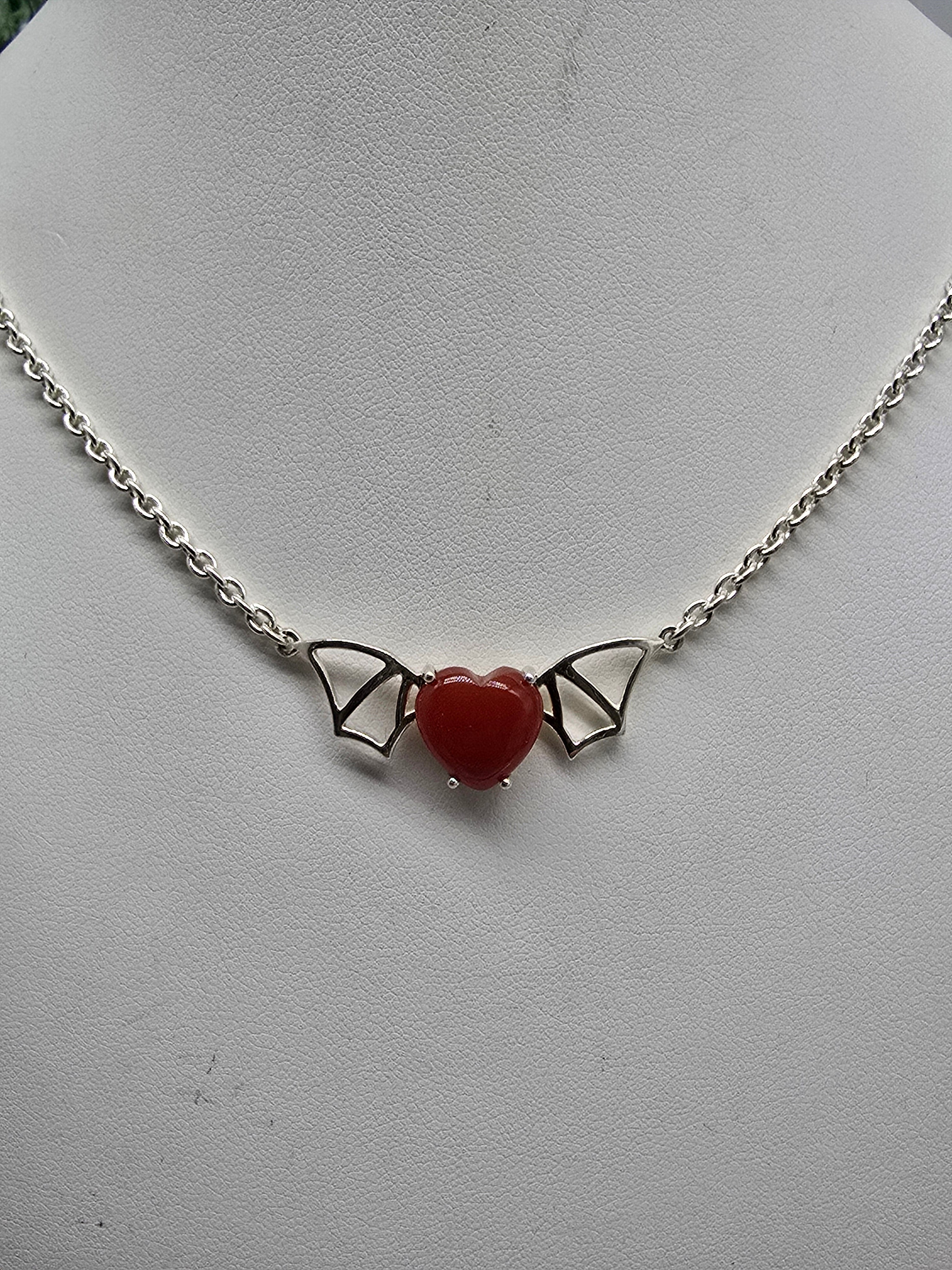 Carnelian Bat Heart Pendant with Chain (Stone of Vitality & Courage) Crystal Wellness
