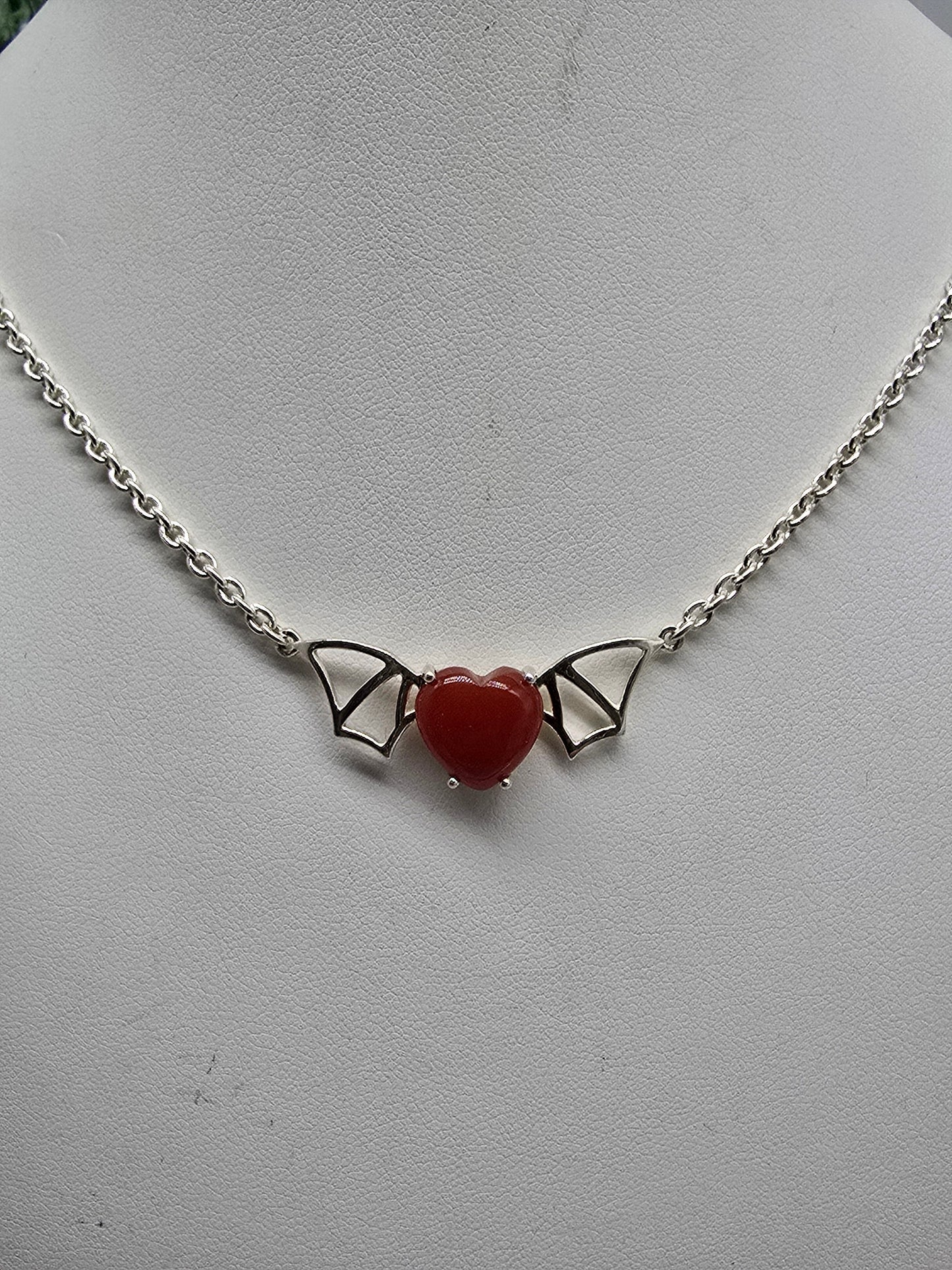 Carnelian Bat Heart Pendant with Chain (Stone of Vitality & Courage) Crystal Wellness