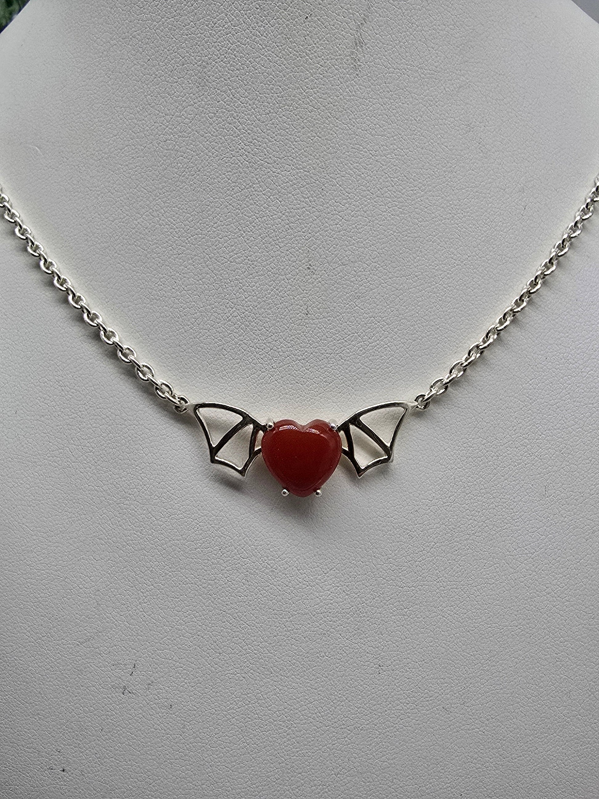Carnelian Bat Heart Pendant with Chain (Stone of Vitality & Courage) Crystal Wellness