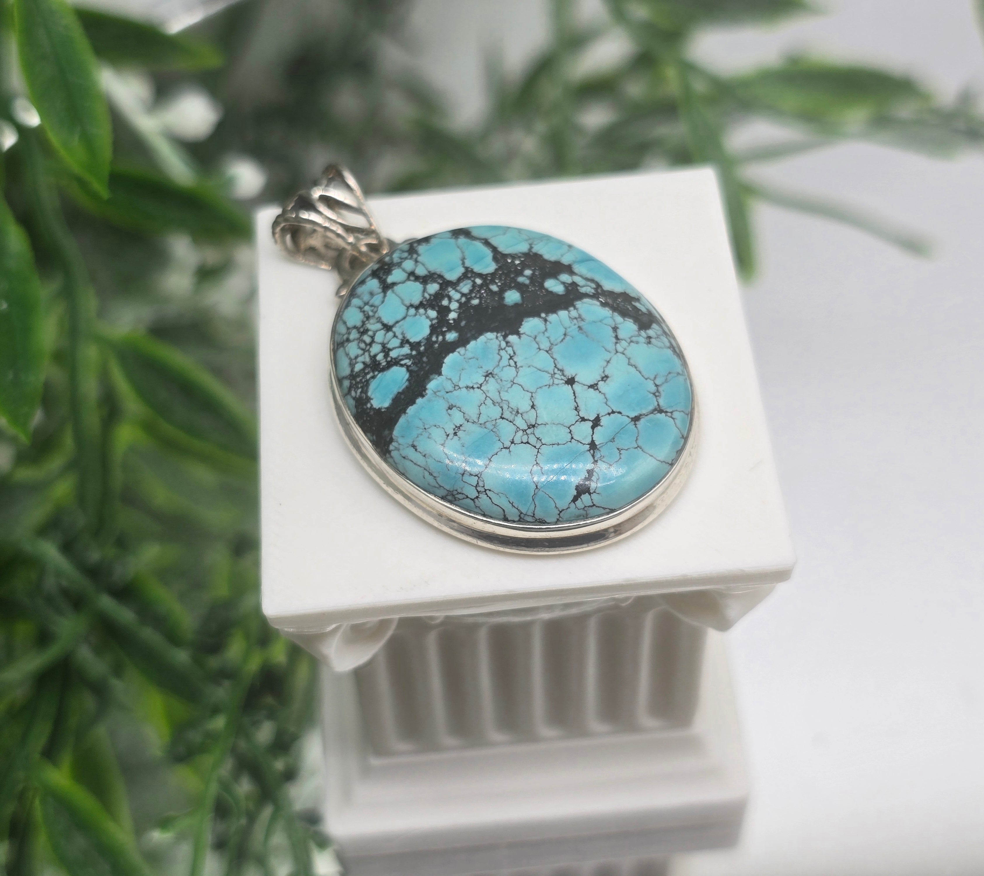 Genuine Sky-Thread Turquoise Pendant — Oval Spiderweb Matrix, 925 Sterling Silver Chain Included Crystal Wellness