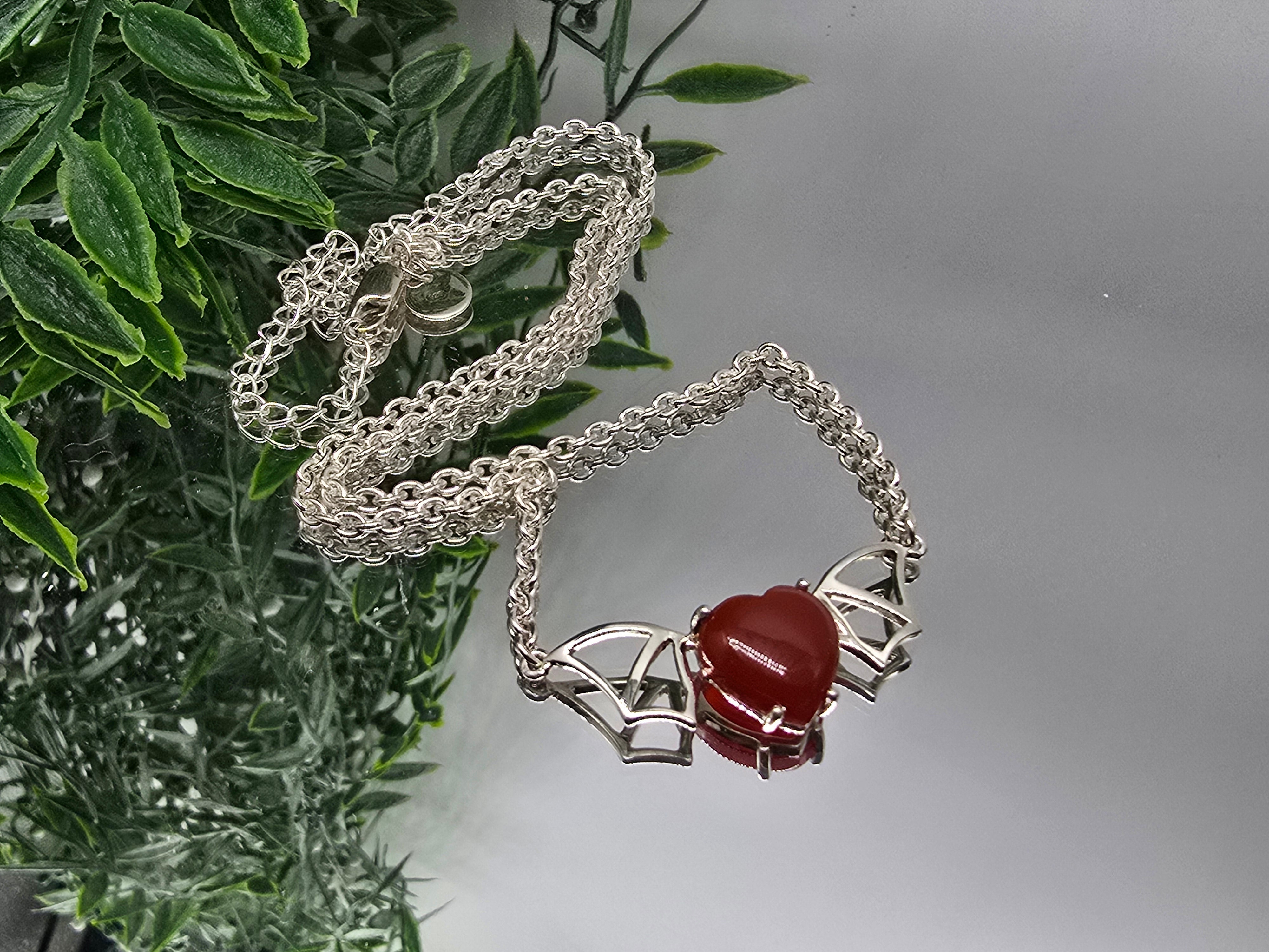 Carnelian Bat Heart Pendant with Chain (Stone of Vitality & Courage) Crystal Wellness