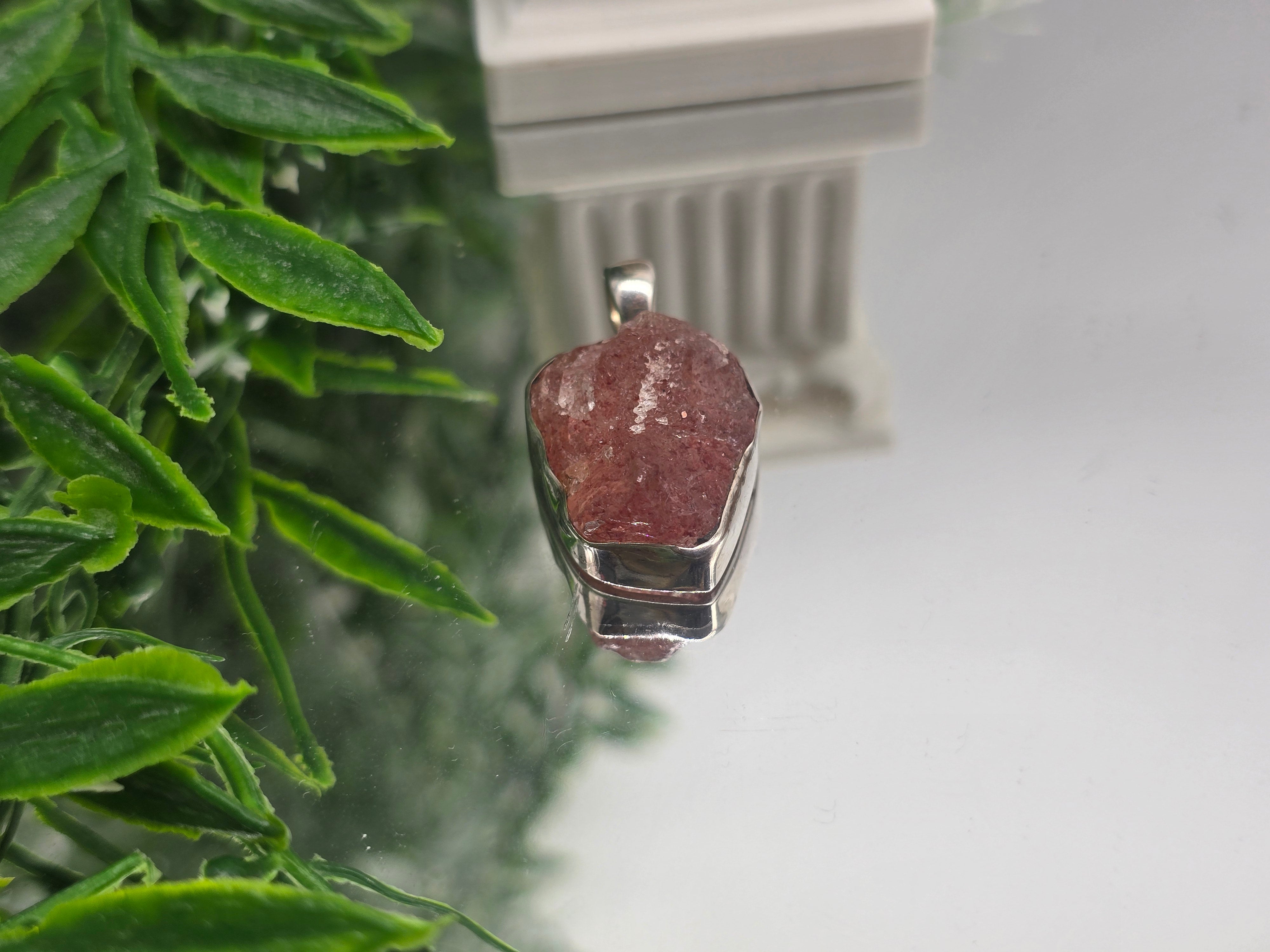 Raw Strawberry Quartz Pendant – 925 Sterling Silver Crystal Wellness