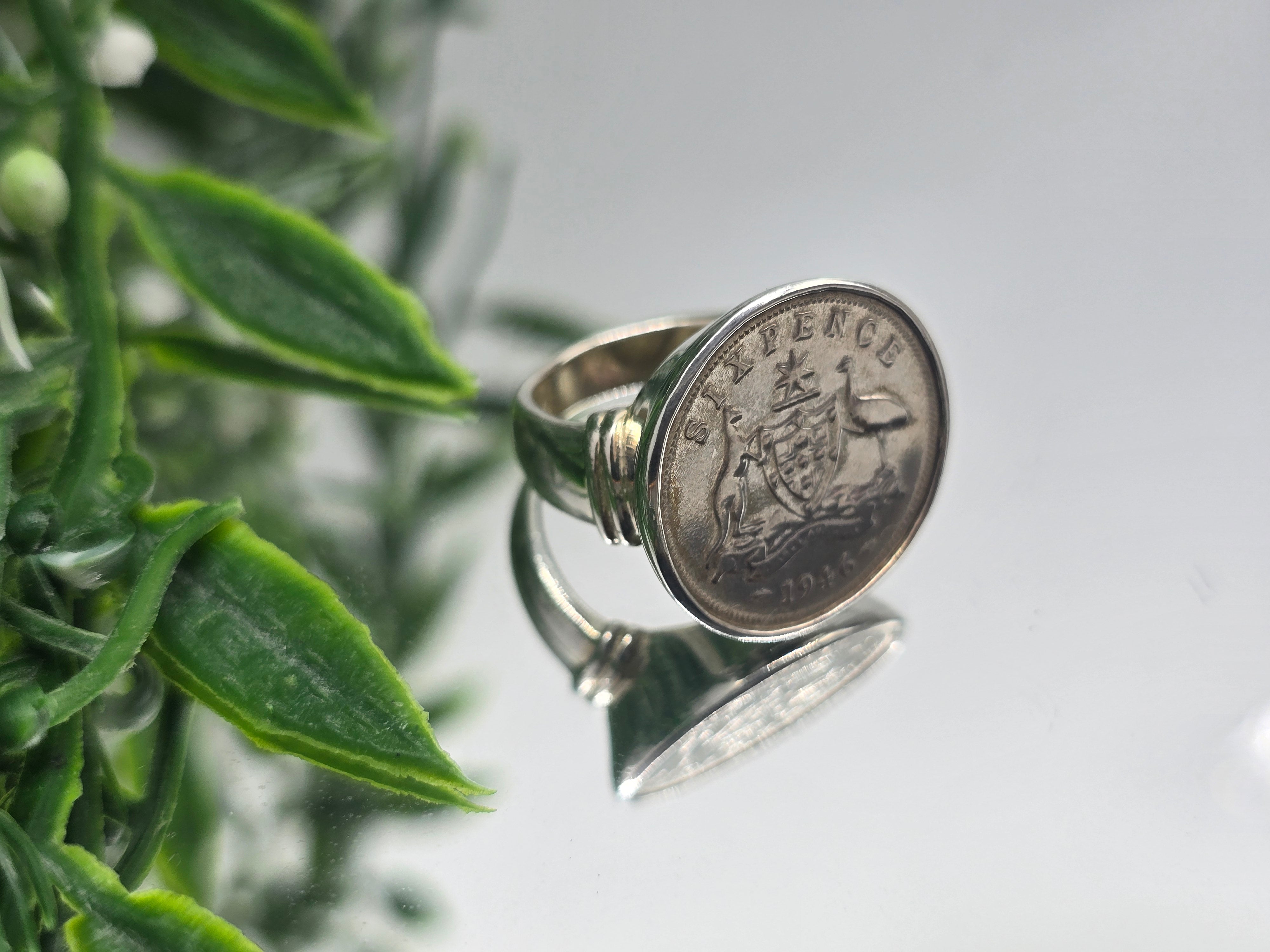 Memorable Australian Six Pence 1946 Silver Ring – Size 5.5 Crystal Wellness