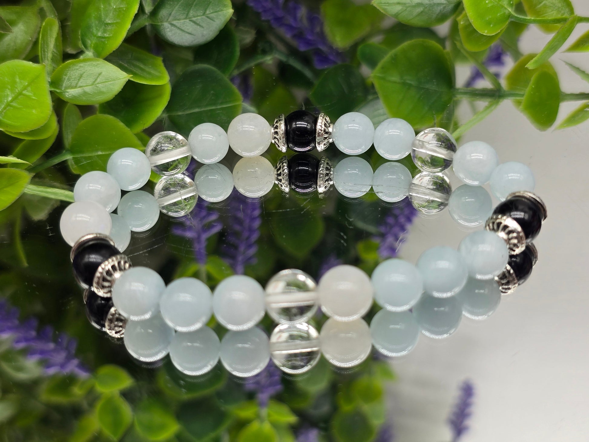 Aquamarine, Black Tourmaline, Clear Quartz & Moonstone Bracelet – 8mm | Calm, Protection, Clarity and yintuitive Energy Crystal Wellness