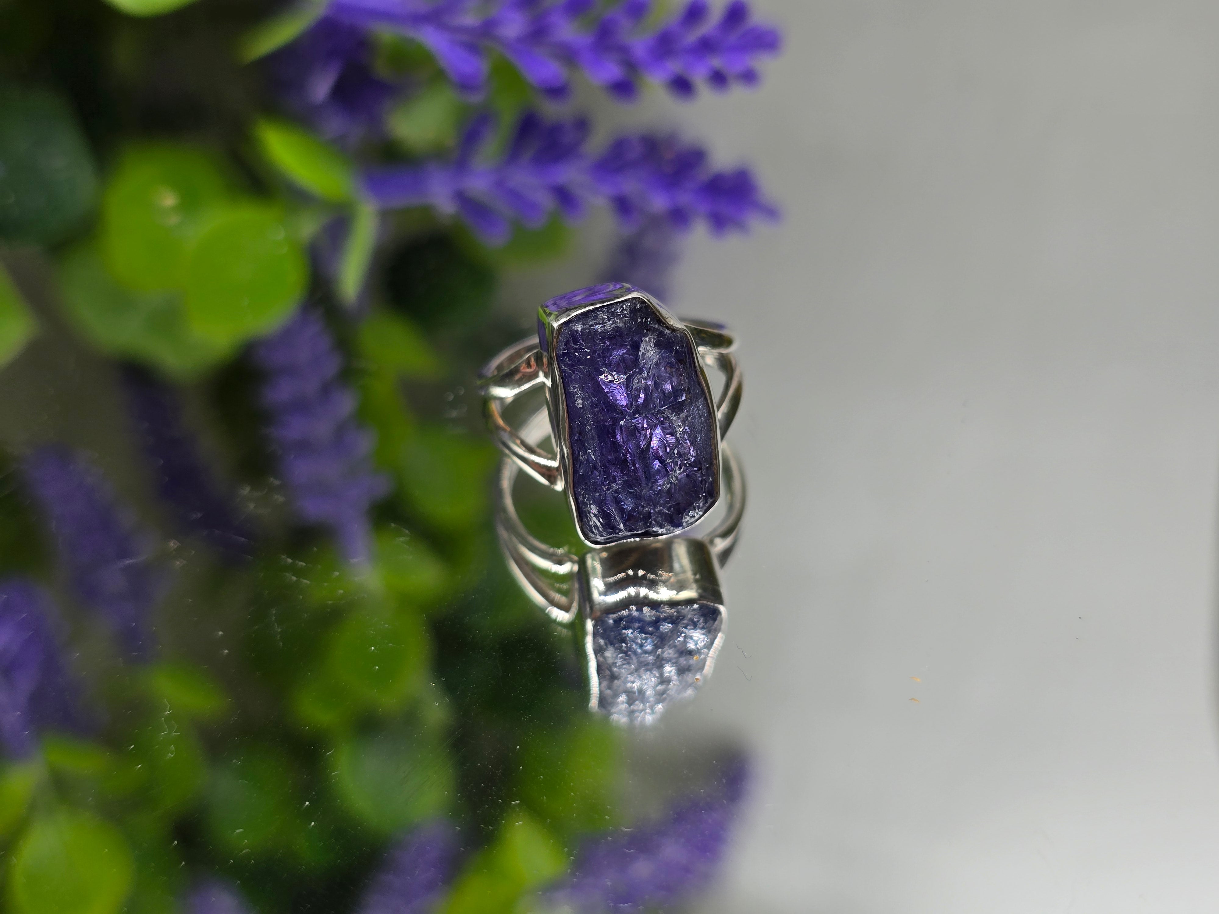 High-Grade Raw Tanzanite Ring 925 Sterling Silver – Spiritual Awakening, Intuition & Transformation | Size 6.5 Crystal Wellness