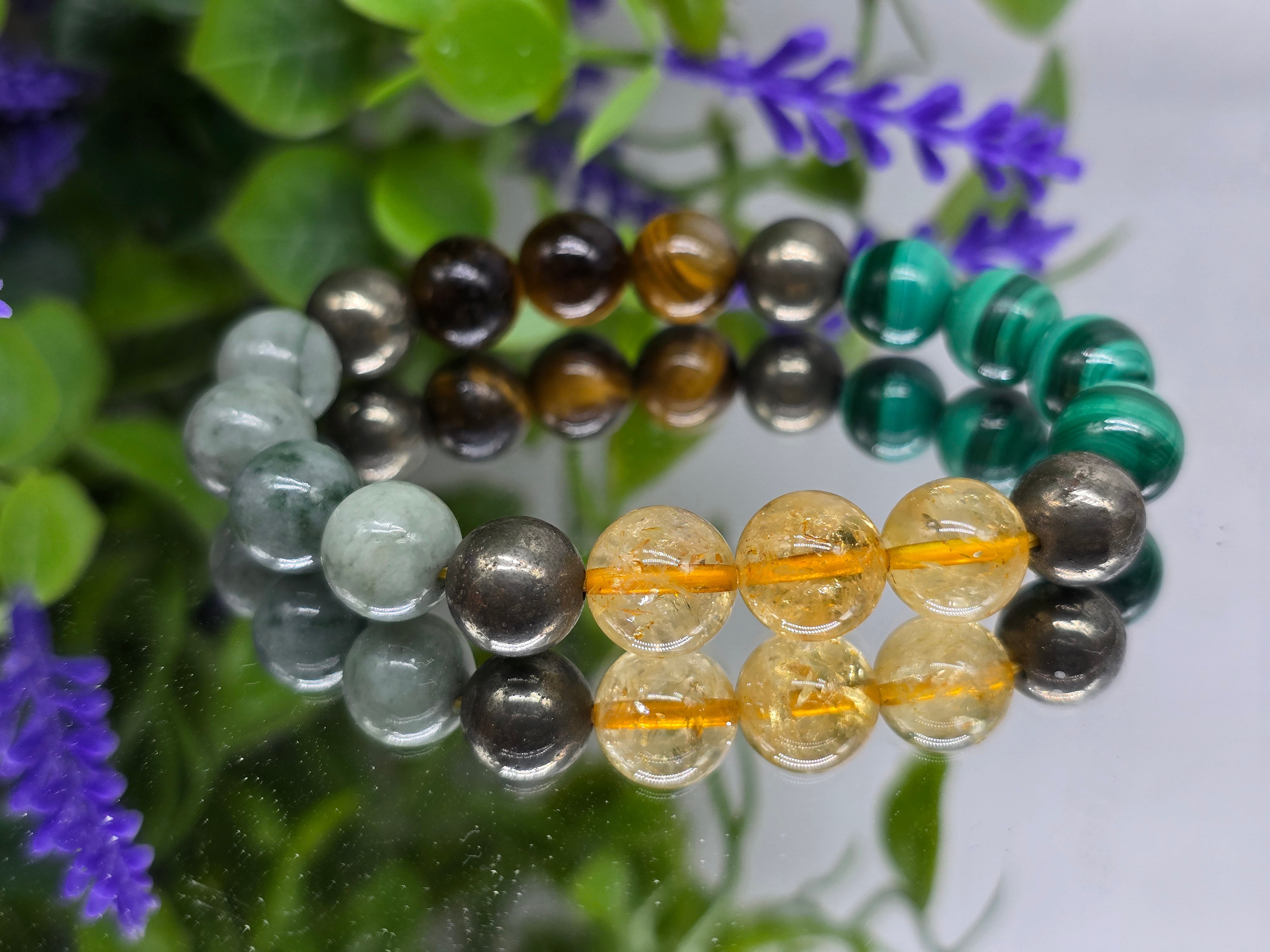 “Wealth & Power Alignment Bracelet – 10mm Imperial Jade, Malachite, Tiger’s Eye, Citrine & Pyrite” Crystal Wellness