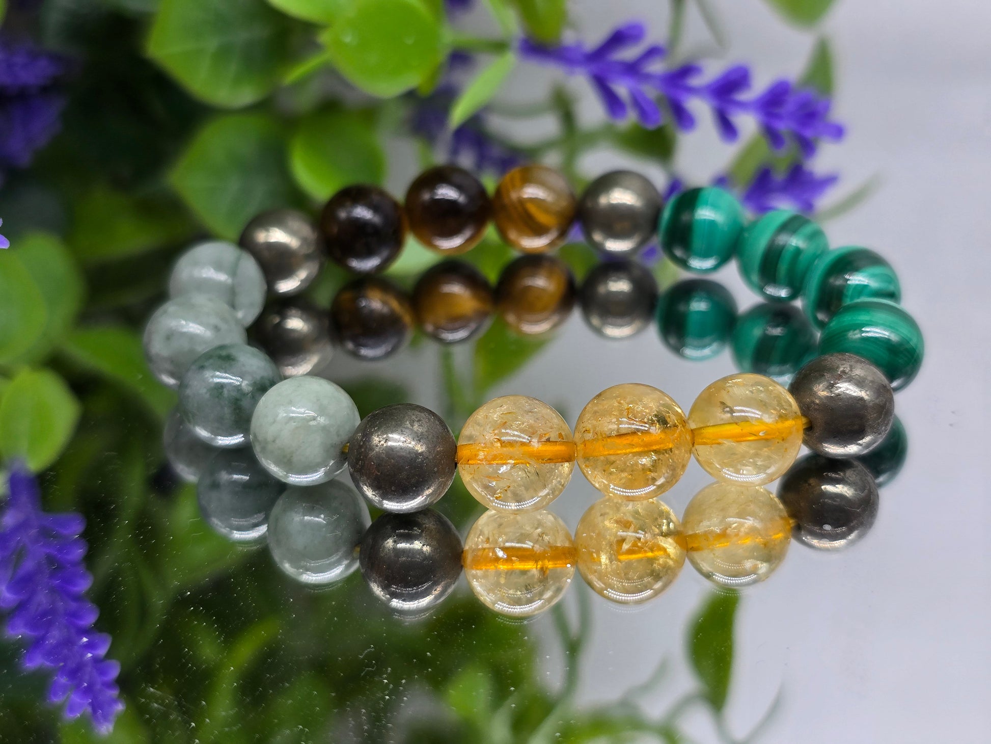 “Wealth & Power Alignment Bracelet – 10mm Imperial Jade, Malachite, Tiger’s Eye, Citrine & Pyrite” Crystal Wellness