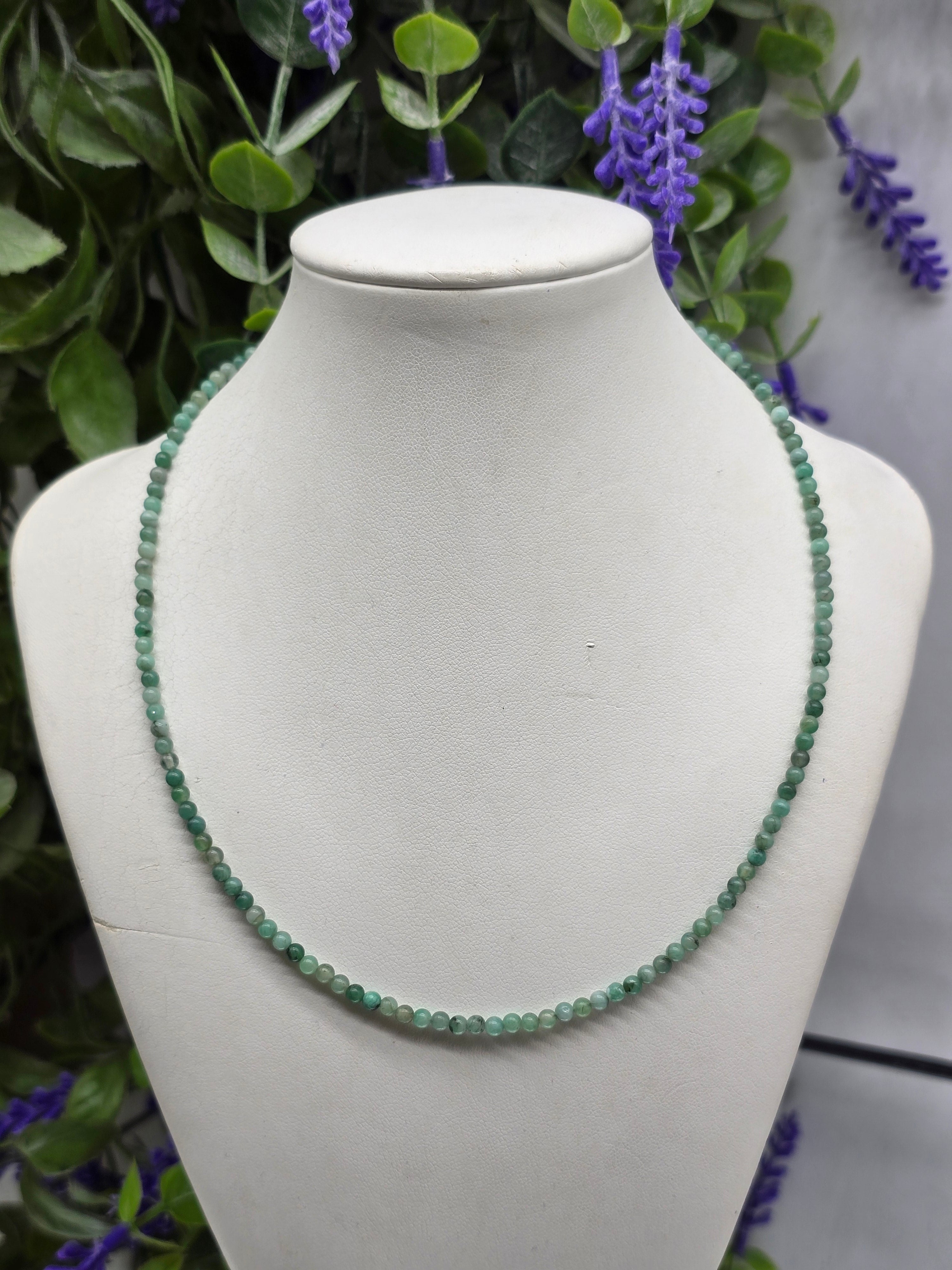 3mm Emerald Beaded Necklace – Gold-Tone Clasp with Protective Finish (Stone of Prosperity & Heart Wisdom) Crystal Wellness