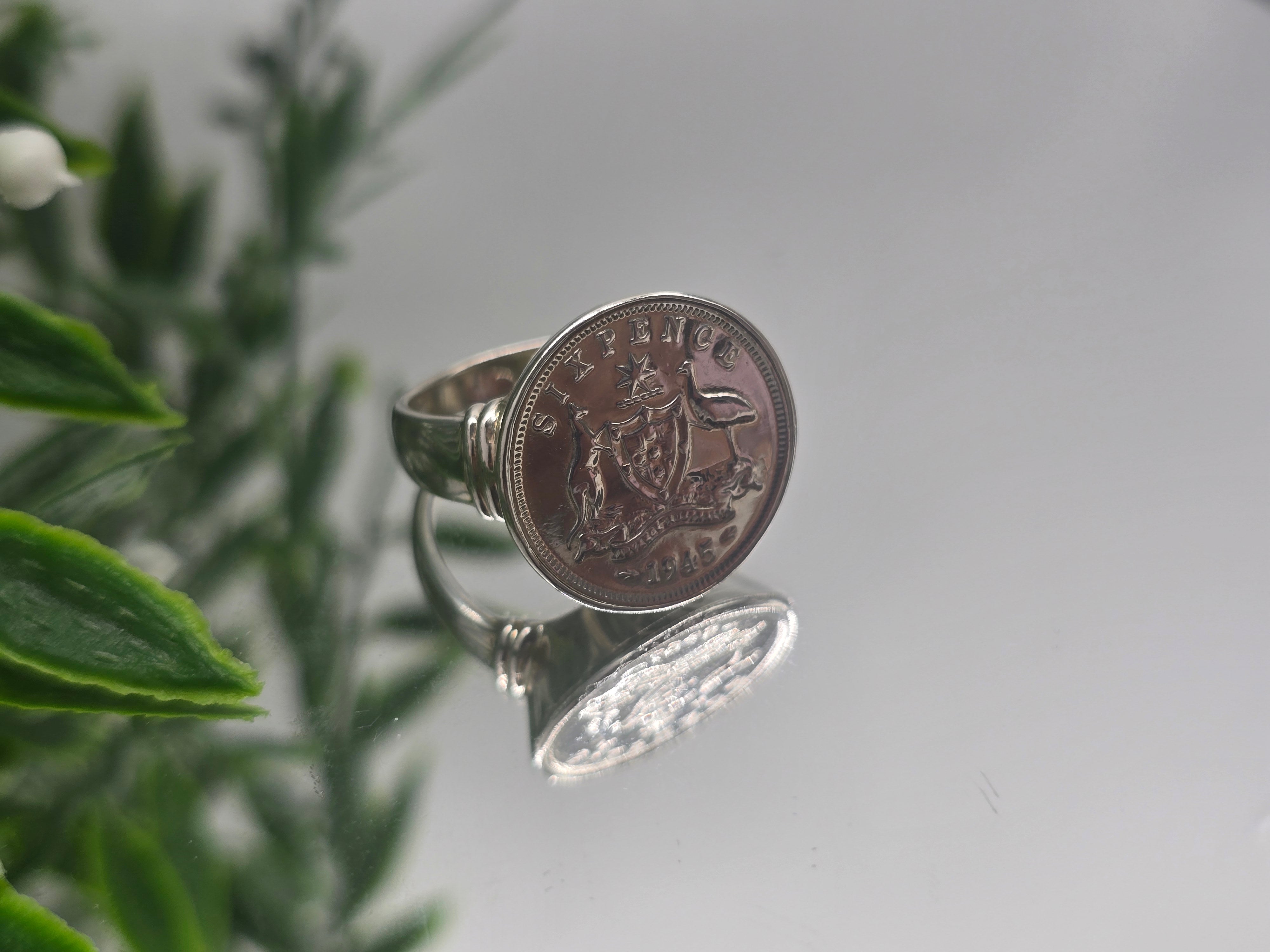 Australian Six Pence 1945 Silver Ring – Size 8.5 Crystal Wellness
