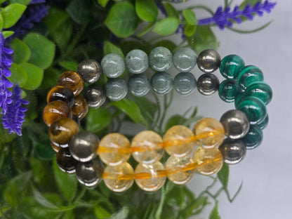 Wealth & Power Alignment Bracelet – 10mm Imperial Jade, Malachite, Tiger’s Eye, Citrine & Pyrite Crystal Wellness