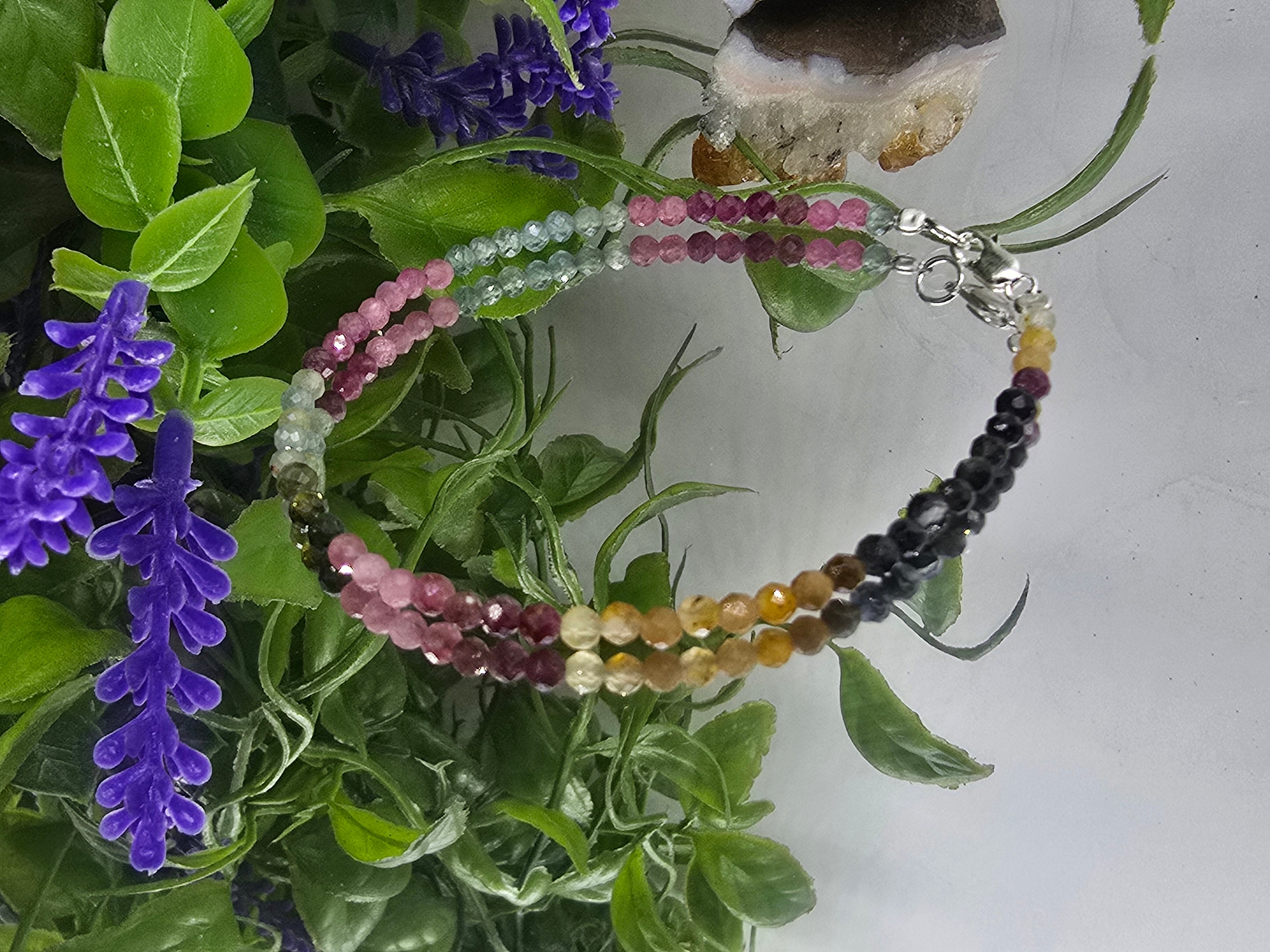 🌈 Watermelon & Multicolour Tourmaline 3mm 925 Sterling Silver Bracelet – Emotional Balance, Protection & Joy Crystal Wellness