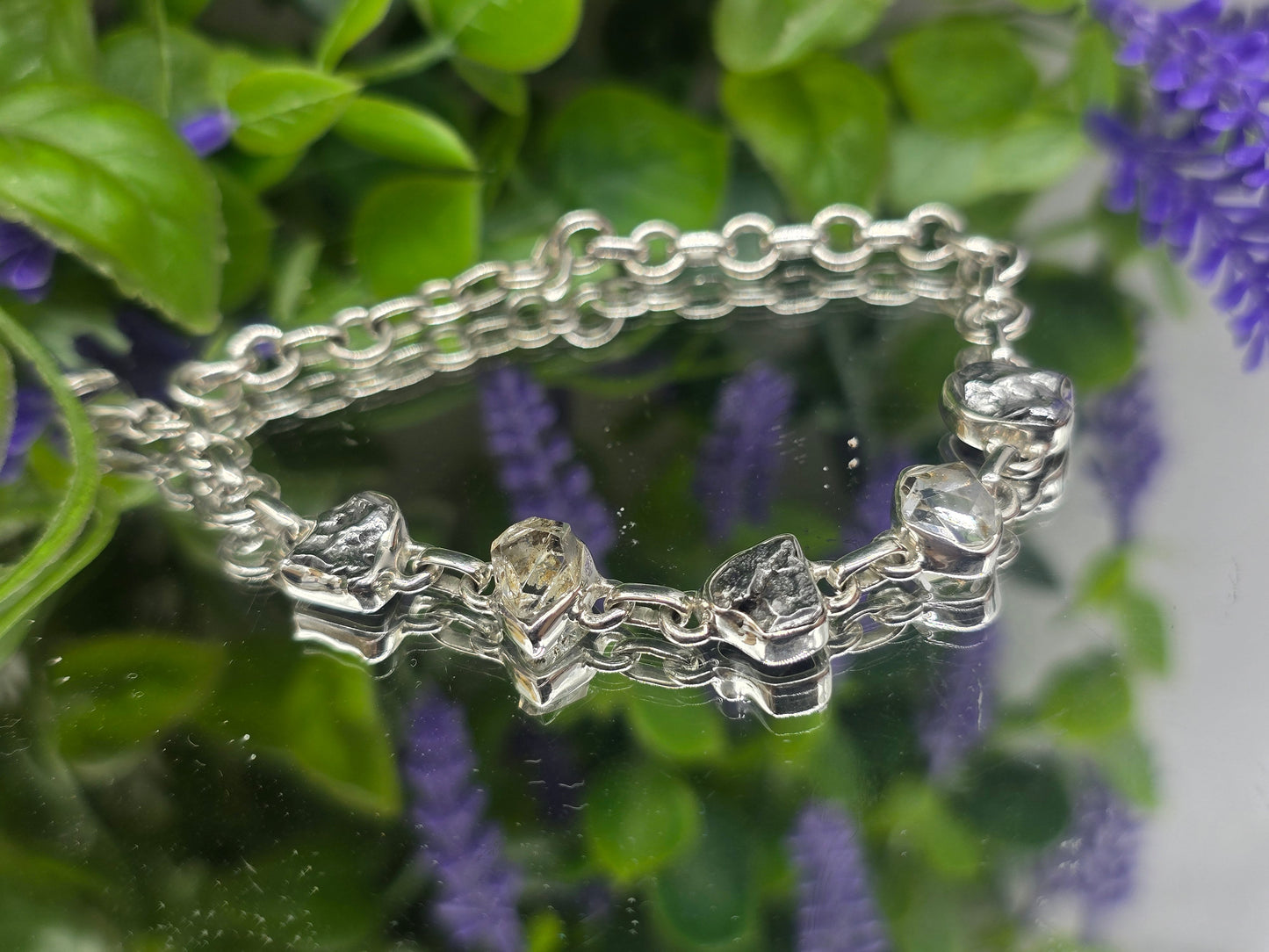 Genuine Herkimer Diamond & Campo del Cielo Meteorite  Bracelet – 925 Sterling Silver | 20cm Crystal Wellness