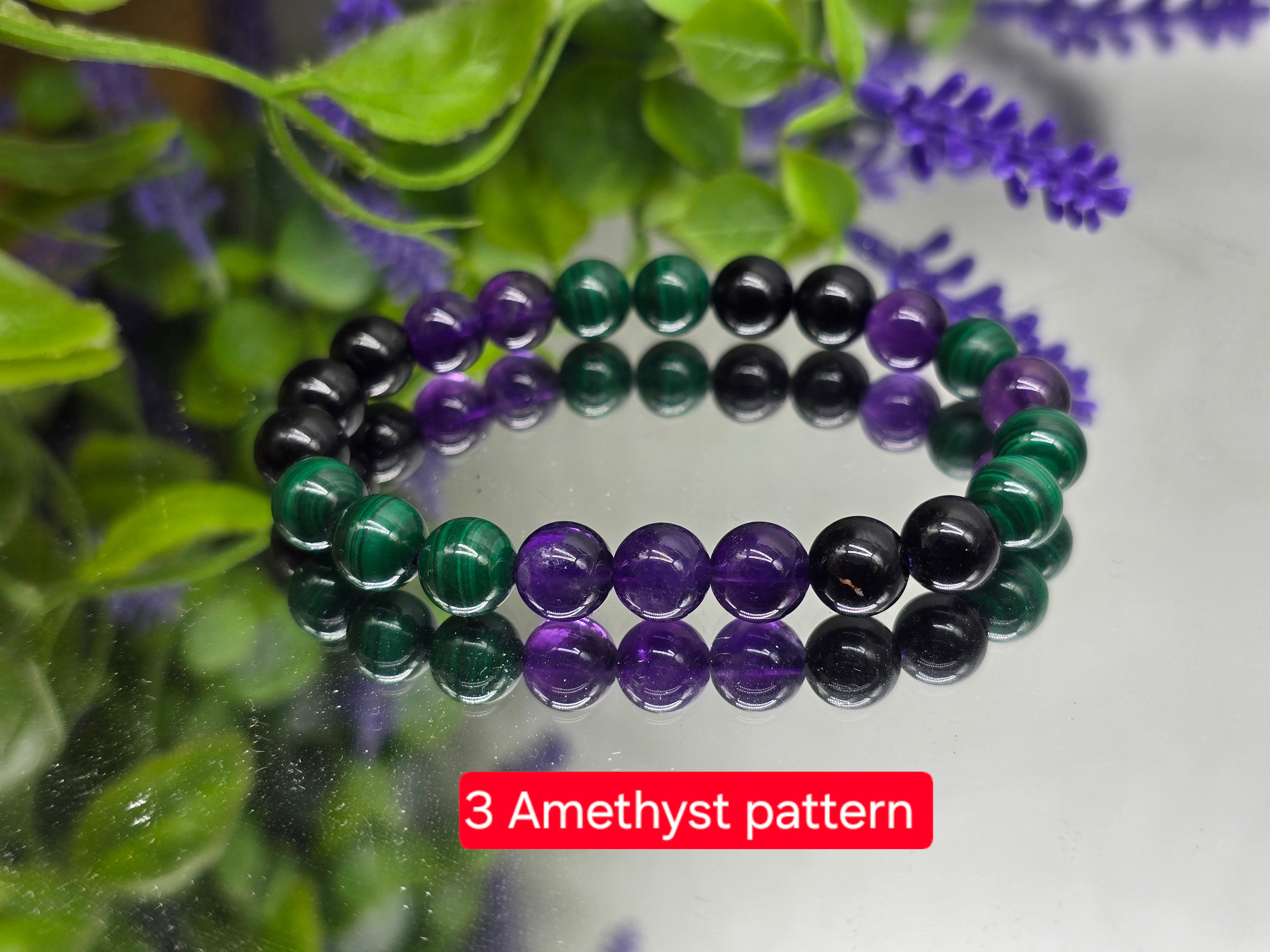 Amethyst, Malachite & Black Tourmaline Bracelet – AAA Grade 8mm (Stone of Protection, Transformation & Spiritual Clarity) Crystal Wellness