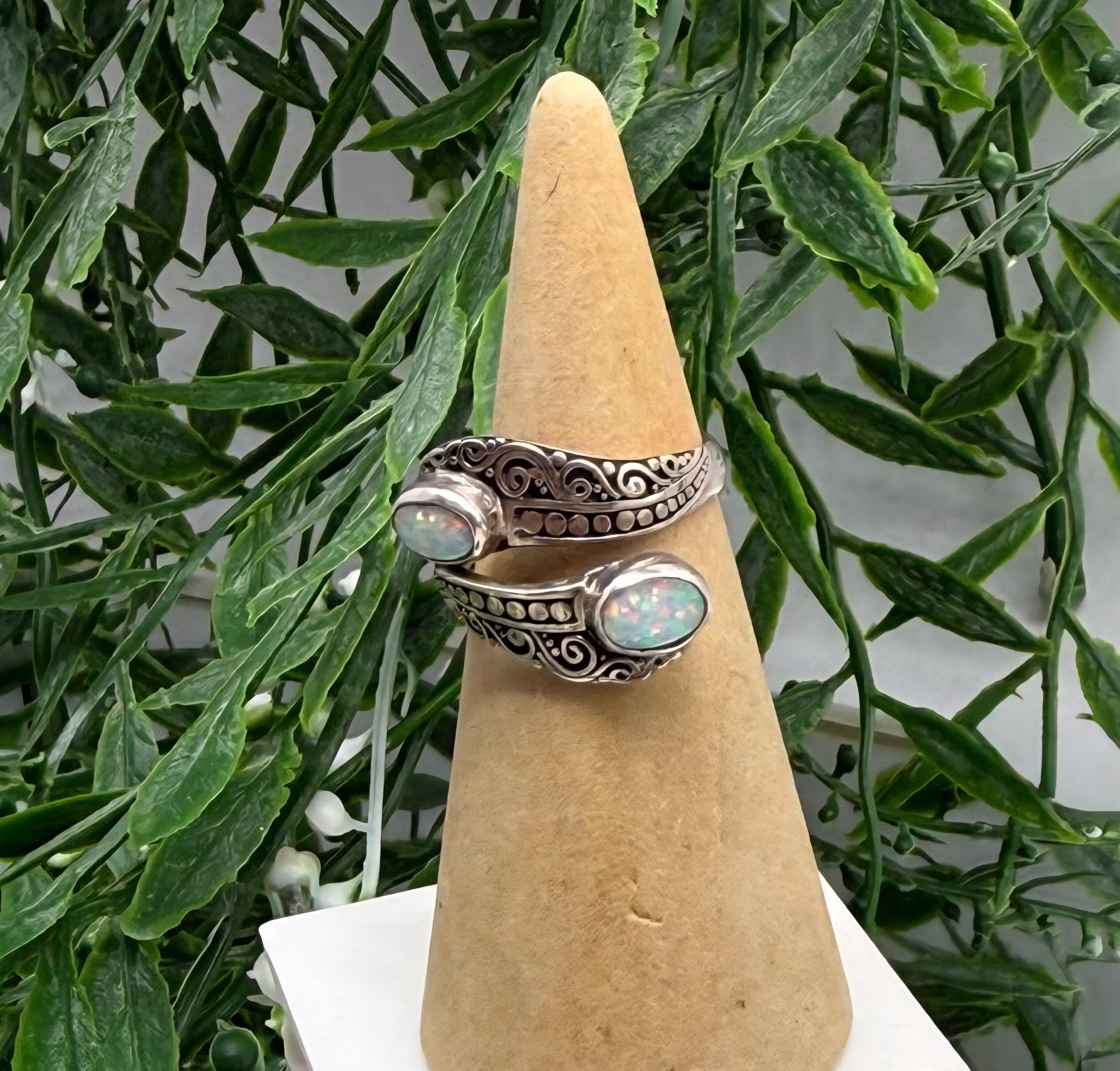 Australian Opal Fire Duo Ring – 925 Sterling Silver (Adjustable) Crystal Wellness