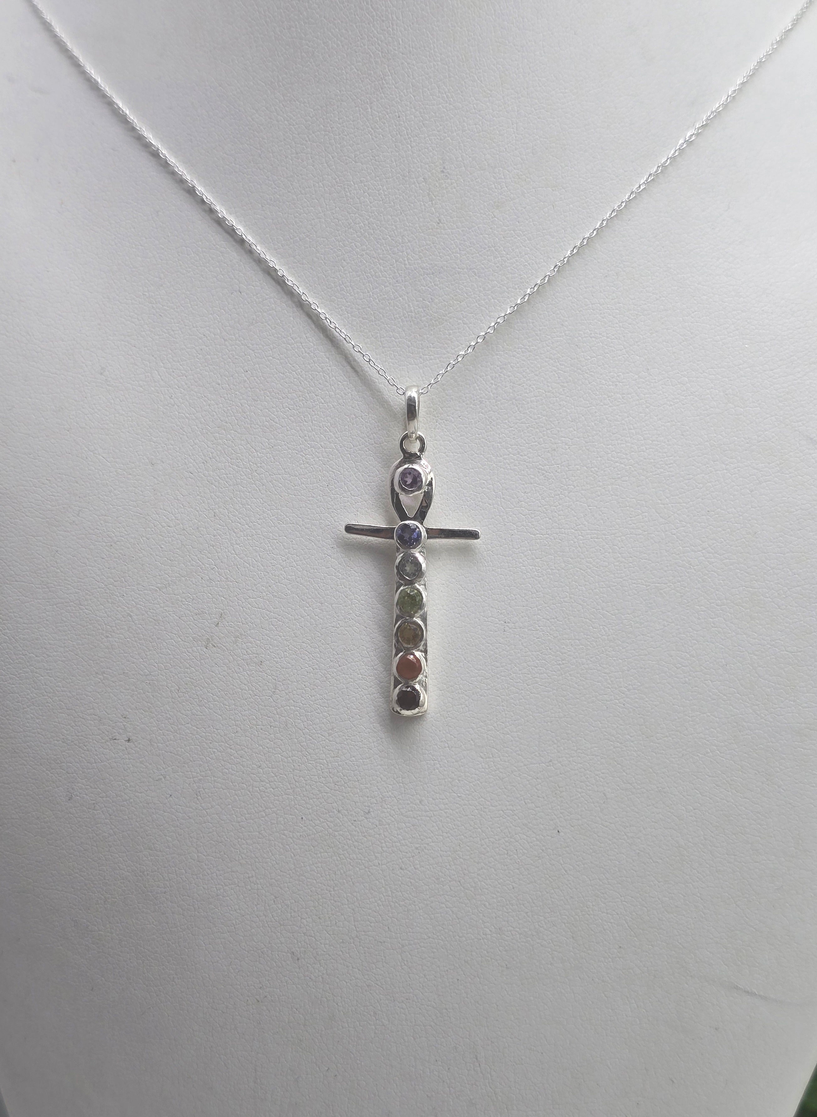 7 Chakras Ankh Cross 925 Sterling Silver Pendant – Energy Alignment • Balance • Spiritual Protection Crystal Wellness
