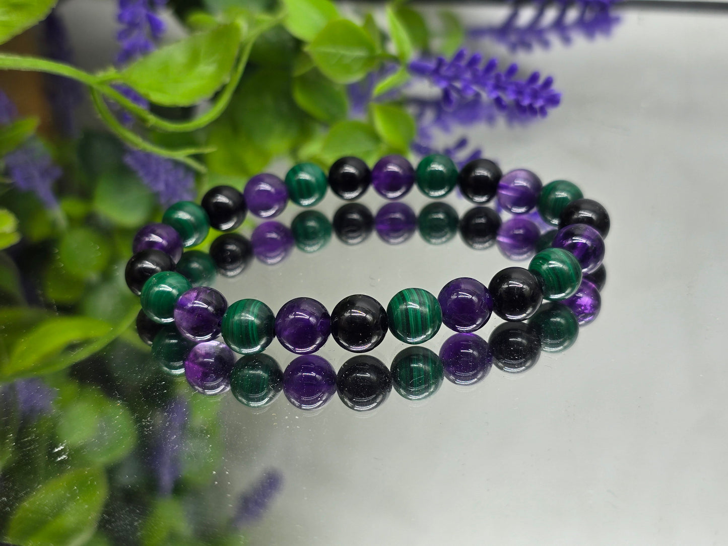 Amethyst, Malachite & Black Tourmaline Bracelet – AAA Grade 8mm (Stone of Protection, Transformation & Spiritual Clarity) Crystal Wellness