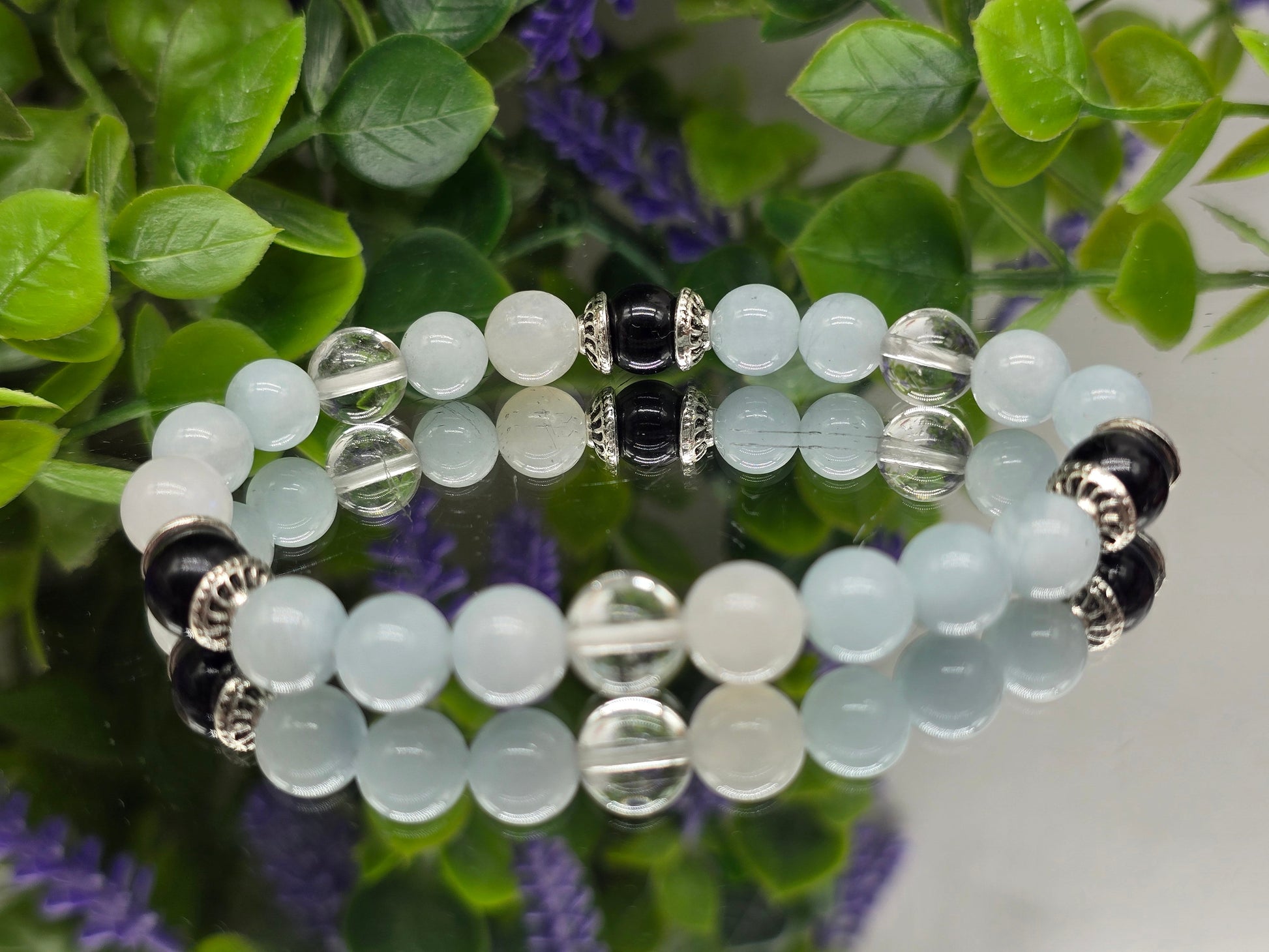 Aquamarine, Black Tourmaline, Clear Quartz & Moonstone Bracelet – 8mm | Calm, Protection, Clarity and yintuitive Energy Crystal Wellness