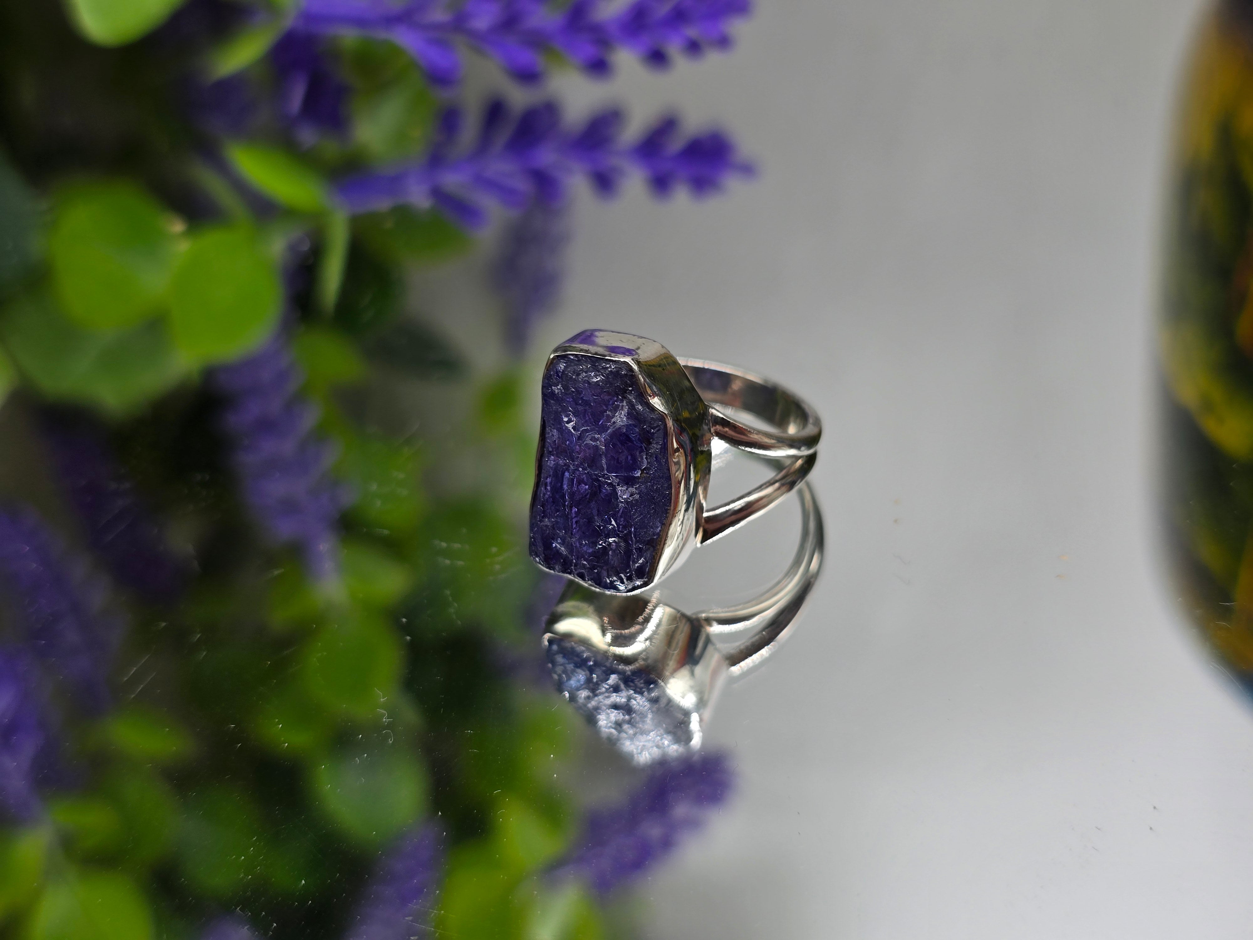 High-Grade Raw Tanzanite Ring 925 Sterling Silver – Spiritual Awakening, Intuition & Transformation | Size 6.5 Crystal Wellness