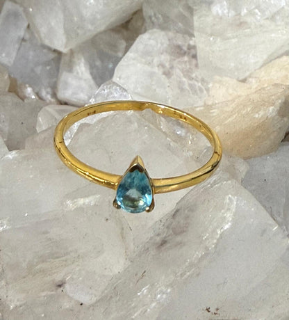 Luxury Neon Blue Apatite Teardrop Ring Size 9 – 18ct Gold Vermeil | Clarity & Manifestation Energy Crystal Wellness