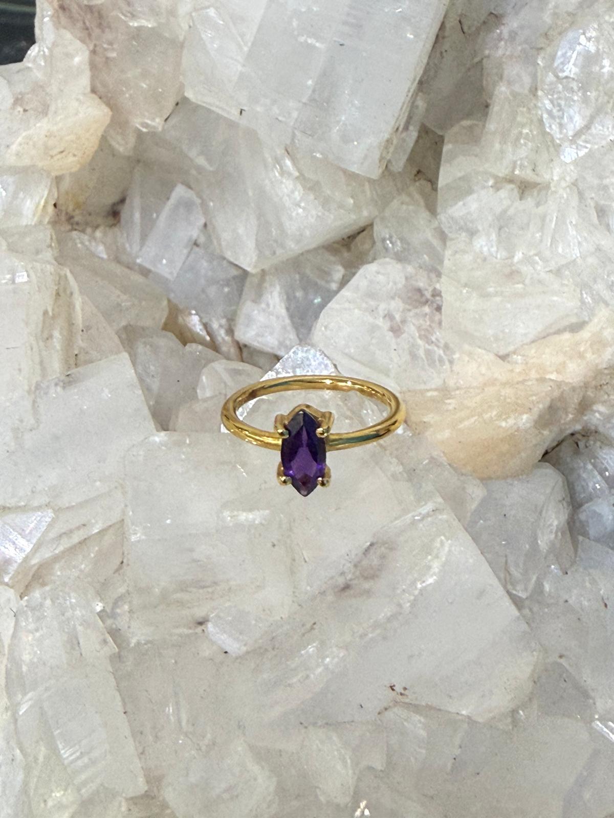 Marquise Cut Amethyst Ring Size 4 in 18ct Gold Vermeil – Stone of Intuition & Divine Protection Crystal Wellness