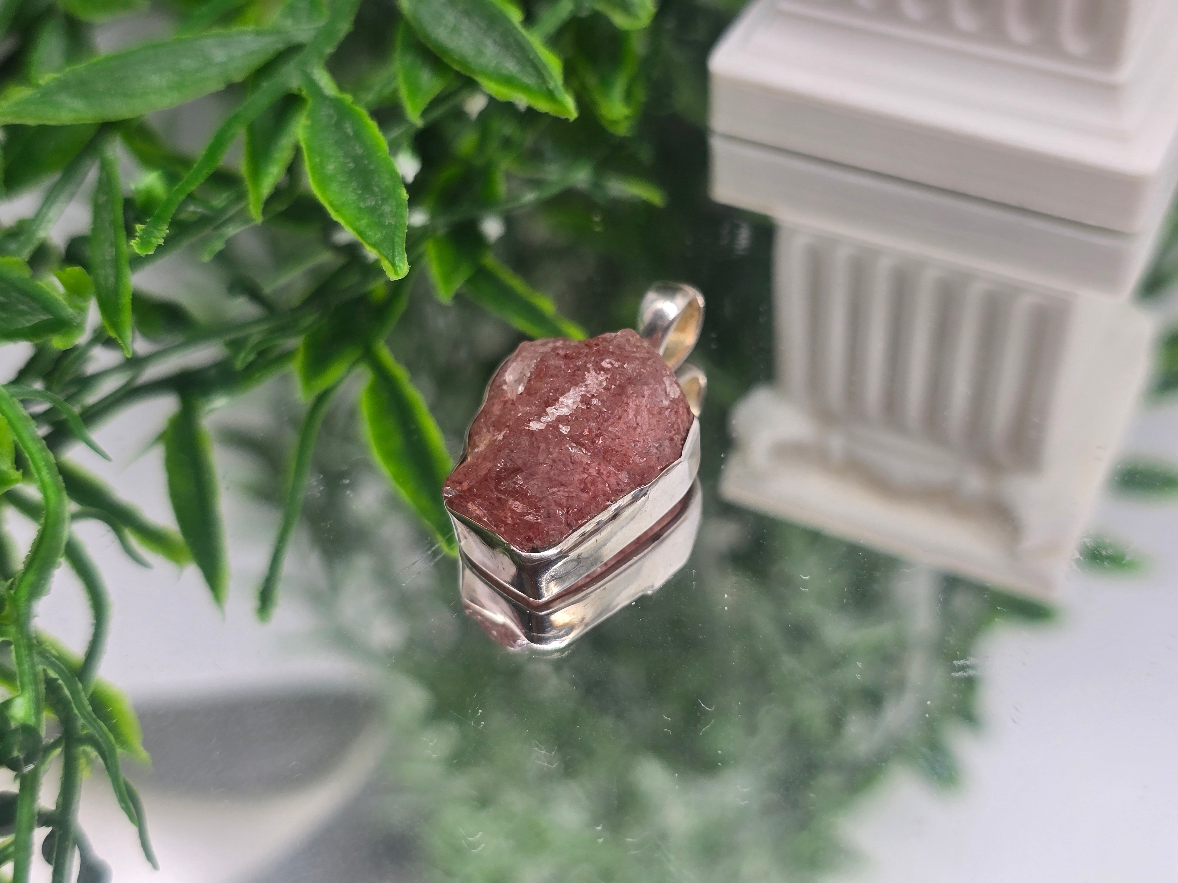 Raw Strawberry Quartz Pendant – 925 Sterling Silver Crystal Wellness