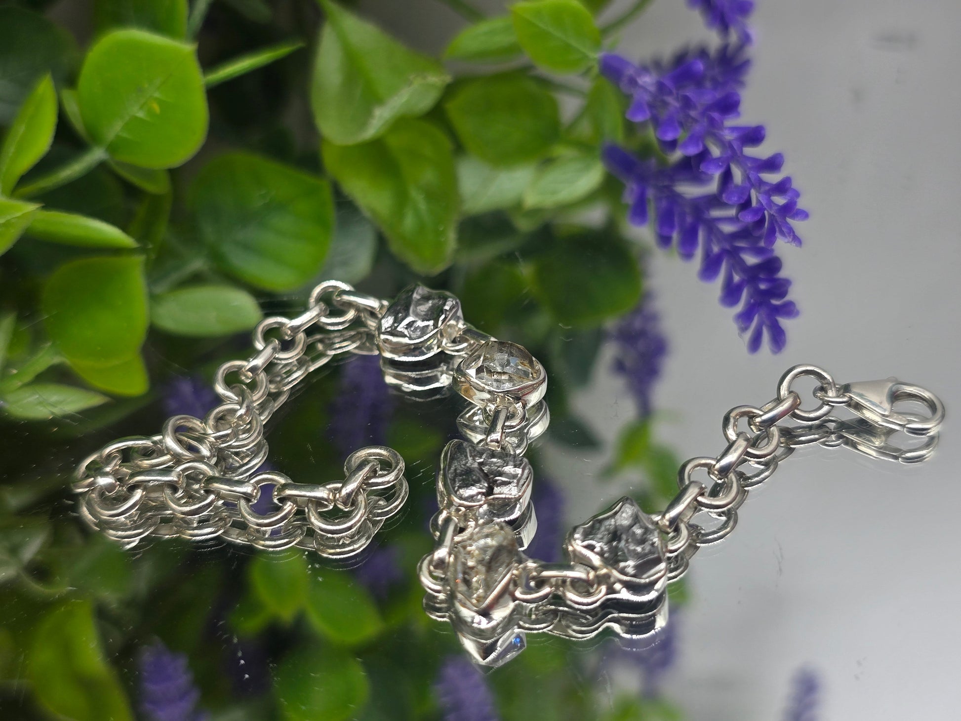 Genuine Herkimer Diamond & Campo del Cielo Meteorite  Bracelet – 925 Sterling Silver | 20cm Crystal Wellness