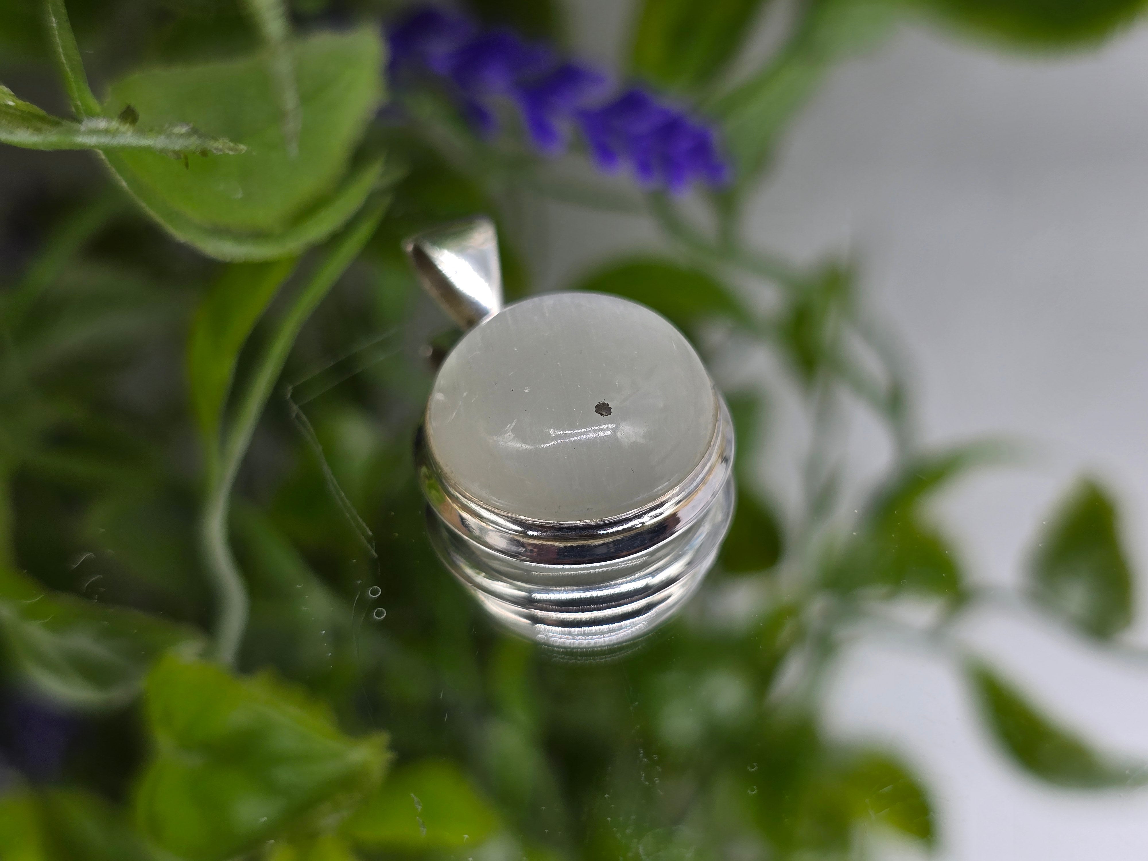 Selenite Round 925 Silver Pendant - Chain Included (Stone of Divine Light & Celestial Purification) Crystal Wellness