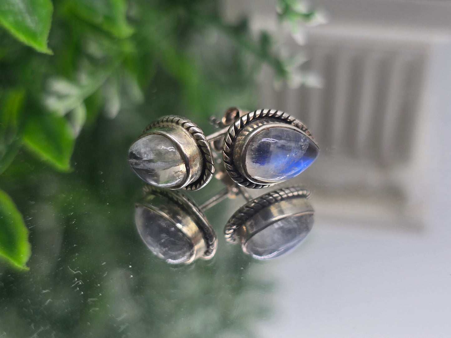 Rainbow Moonstone 925 Sterling Silver Studs – Teardrop Vintage Rope Frame 8x7mm Crystal Wellness