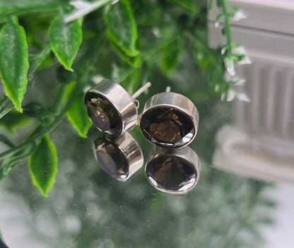 Smokey Quartz 11x11mm Round 925 Sterling Silver Studs Crystal Wellness